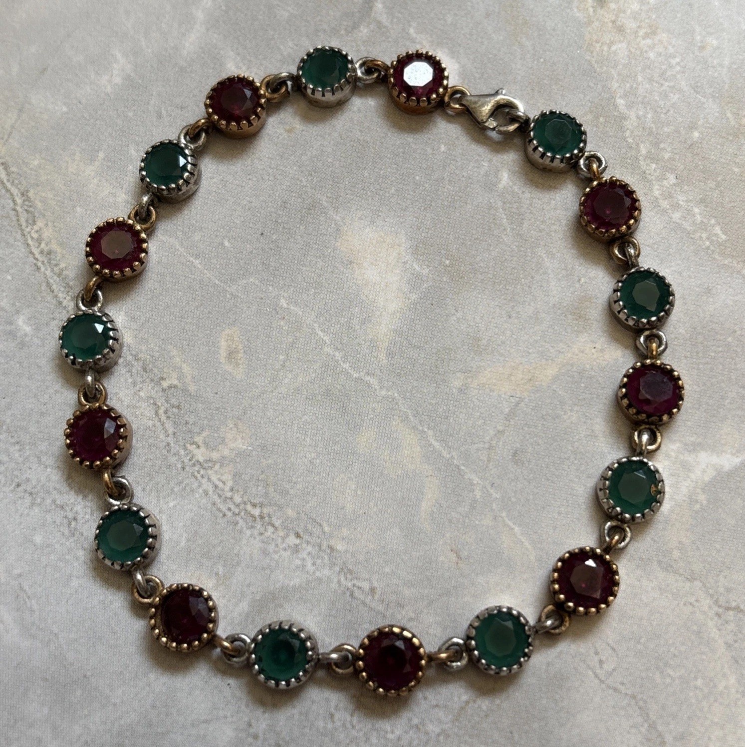 Vintage 925 Sterling Silver Two Tone Bracelet • Glass Cabochons • Mixed Metal