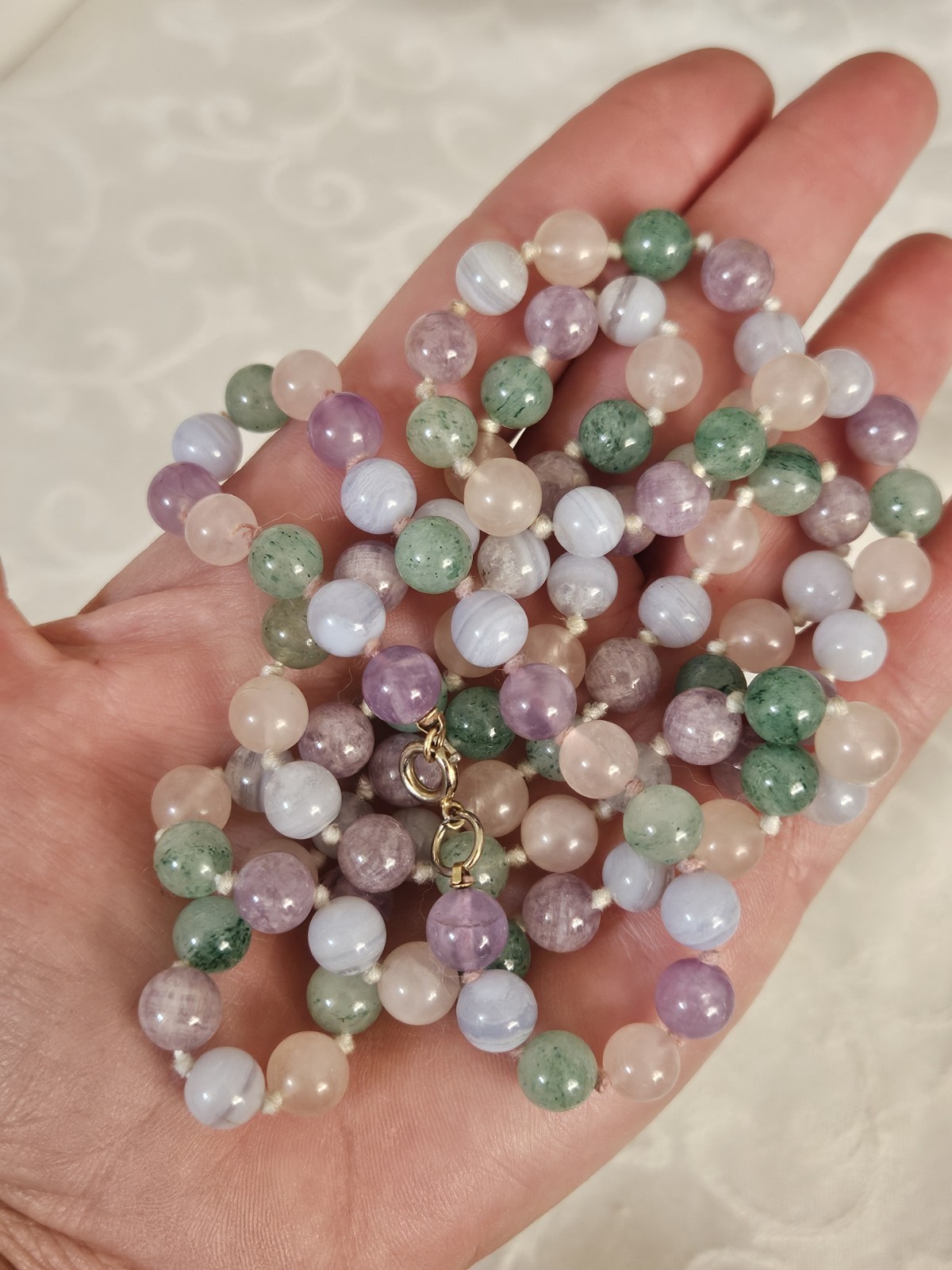 Vtg Multi Color Pastel Round Beaded Necklace Bracelet Set Jade Agate Quartz