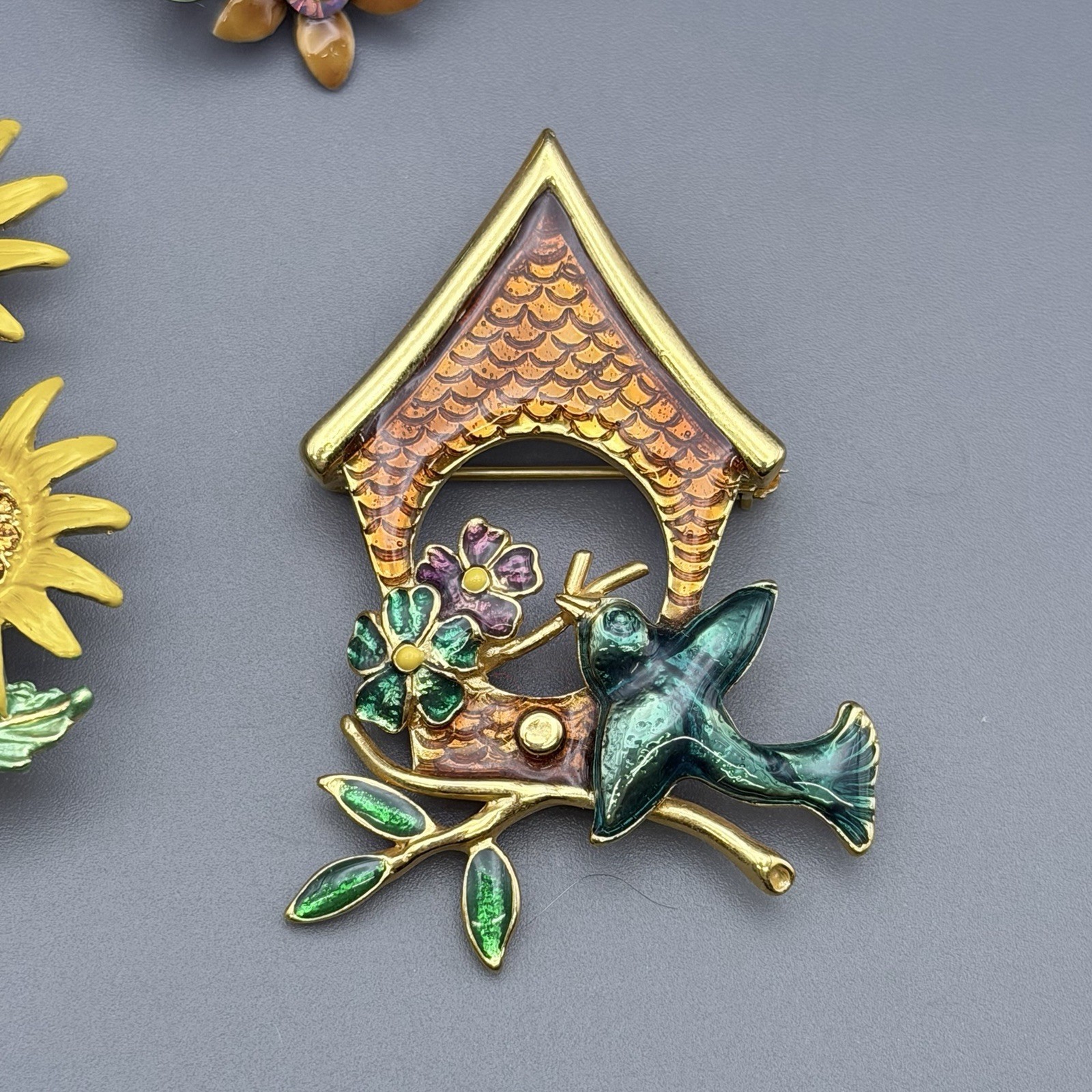 Gardening Brooch Lot Of 4 Sunflowers Birdhouse Rhinestones Enameled Gold Tone