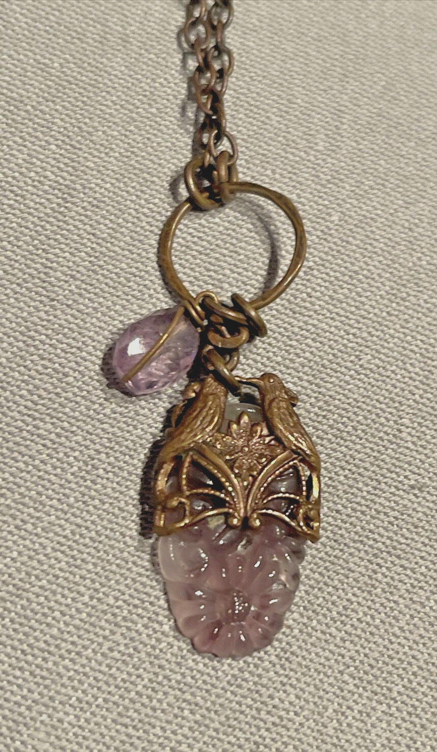 Handmade Lilacs and Lovebirds Vintage Inspired Glass/Brass/Tanzanite Necklace 18