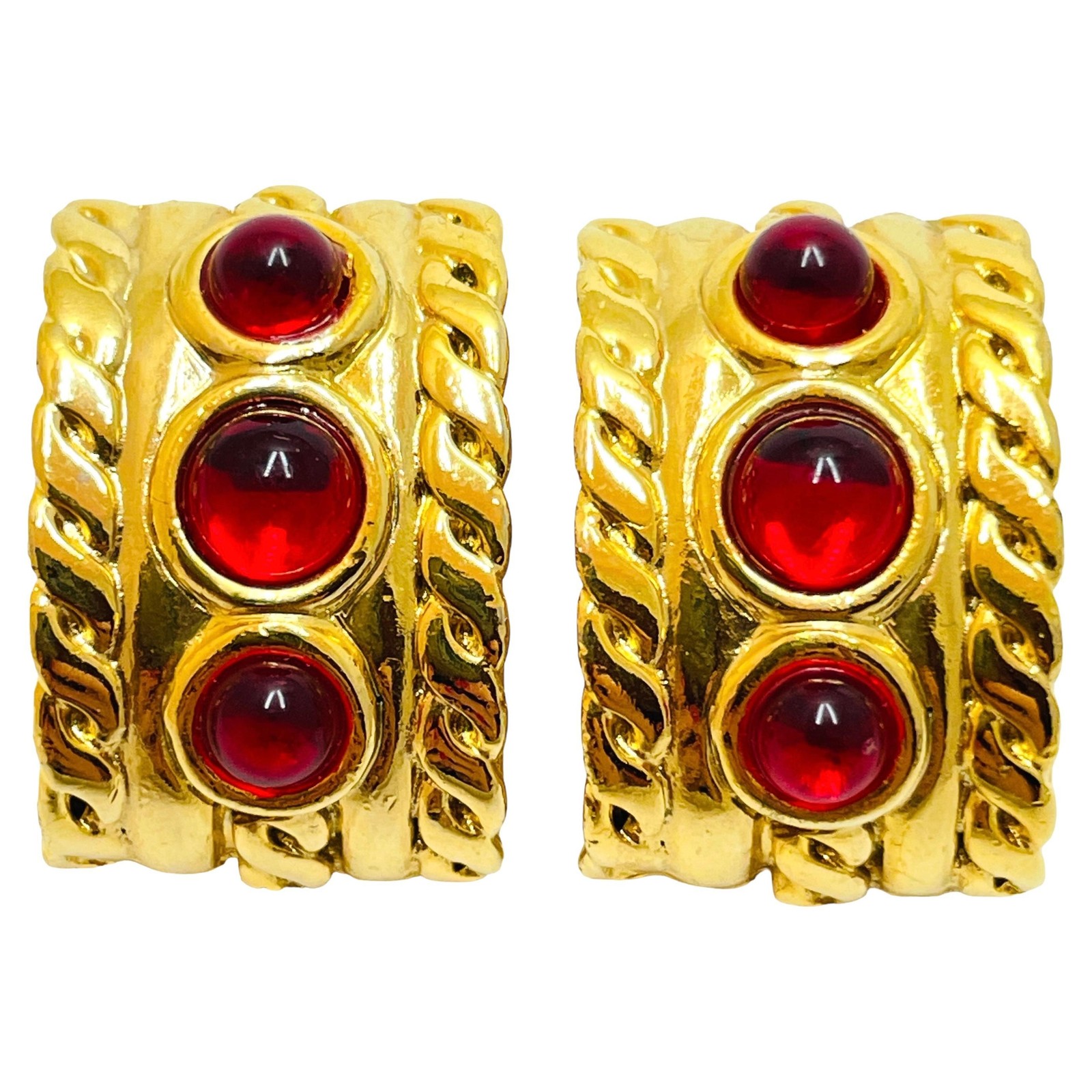 Vintage ANNE KLEIN gold red glass clip on earrings