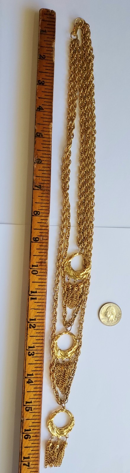 Vintage Multi Strand Festoon Tassel Necklace Circle Pendant Gold Tone Statement