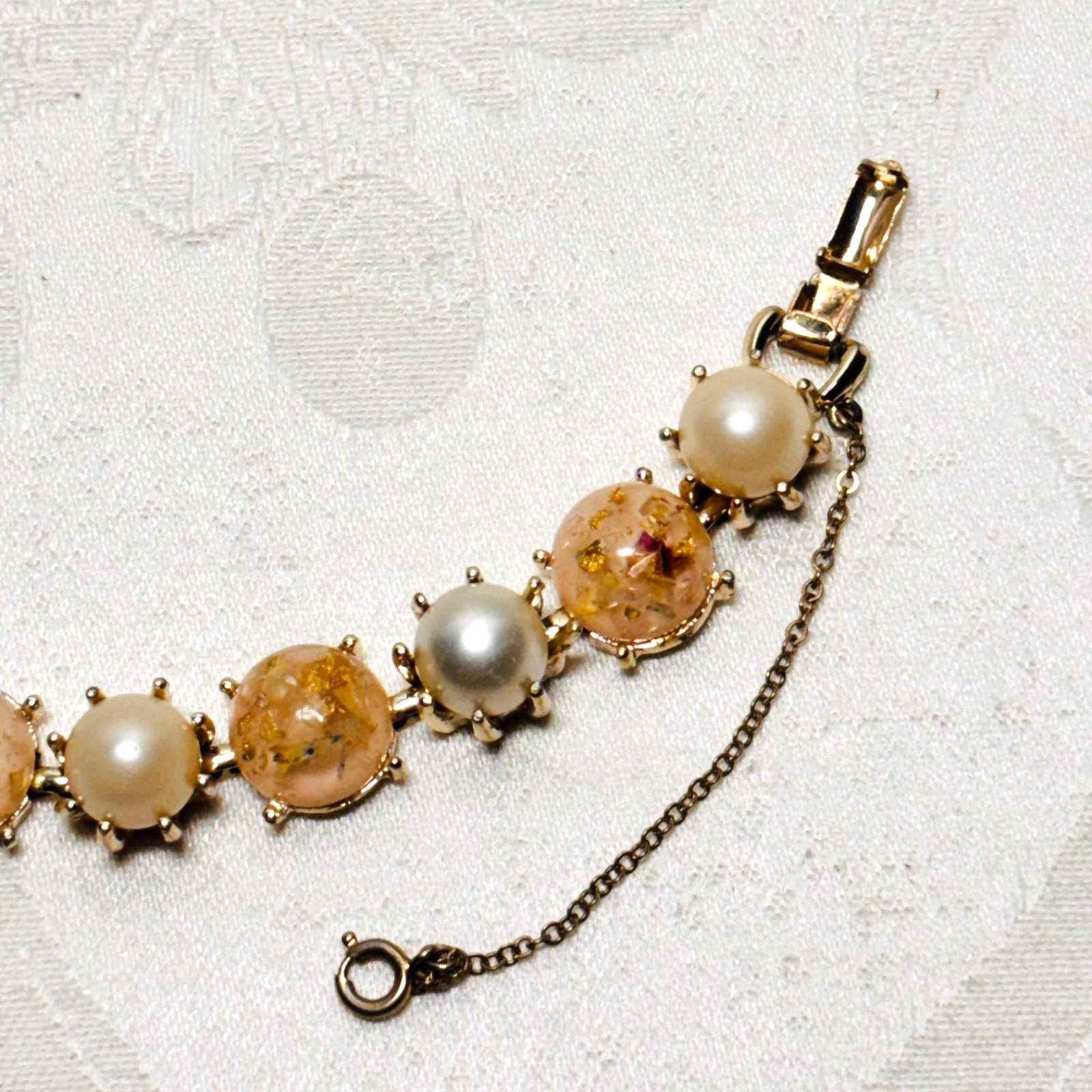 CORO pink confetti Lucite cabochon faux pearl bracelet fold over clasp vintage