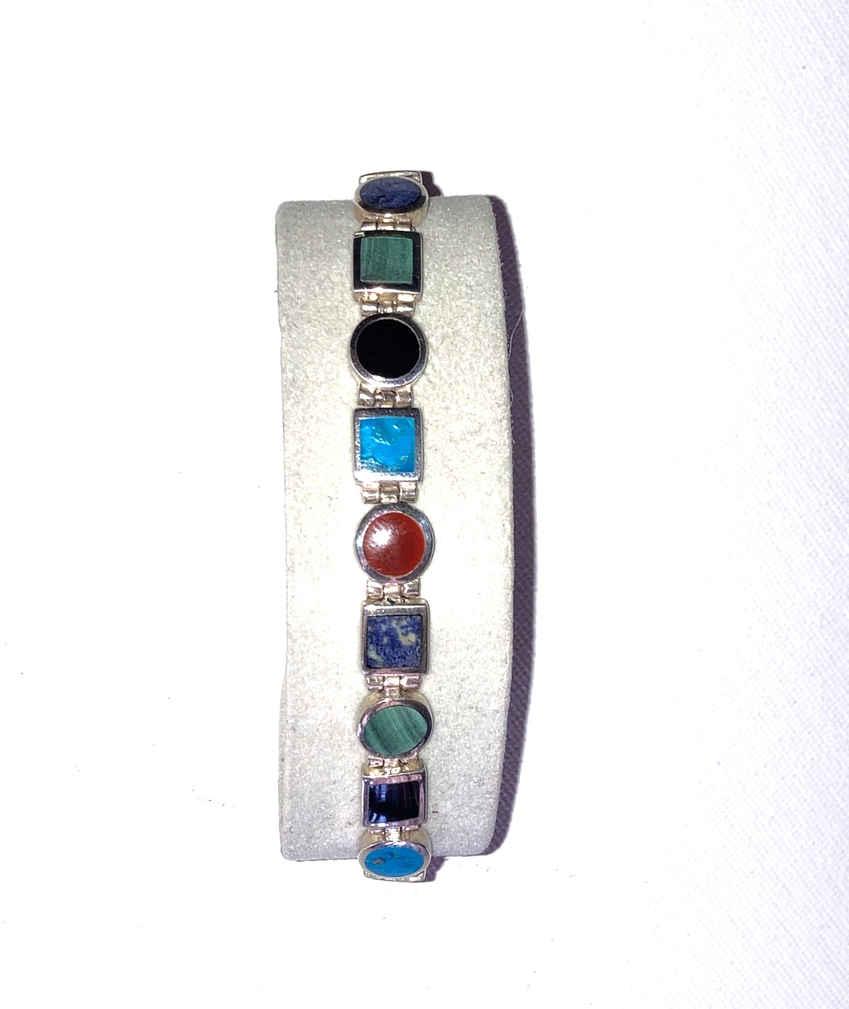 Vintage Sterling Silver Multi-Gemstone Signed Link Bracelet-Hinged-Flexible