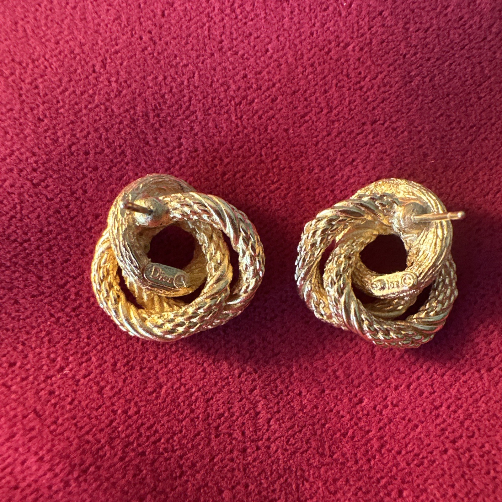 Vintage Christian Dior Stamped Gold Tone Rope Knot Twist Earrings w/ Post Back