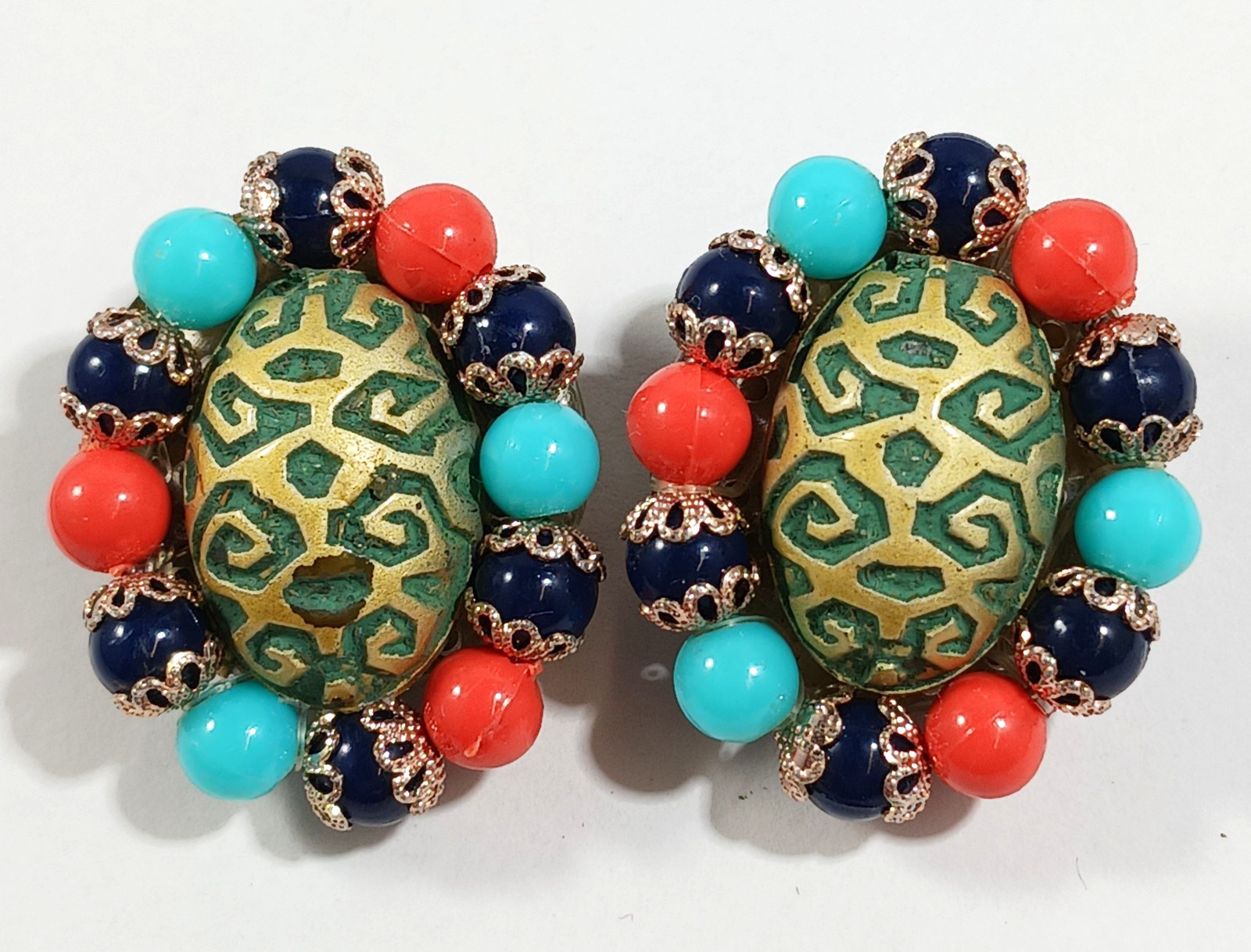 West Germany Plastic Beaded Necklace and Clip On Earrings Set
