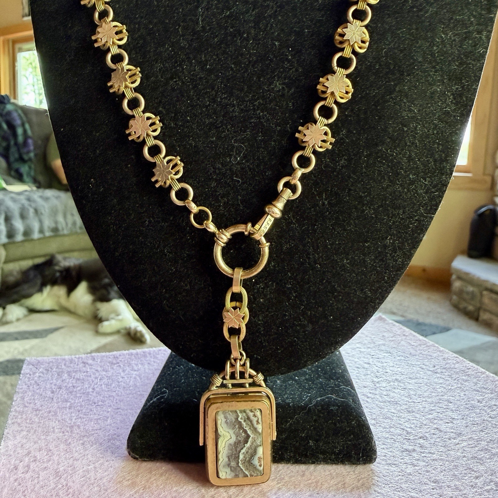 Victorian Lovely 59g Gold Fill Book Link Necklace GF Agate Bloodstone Locket Fob