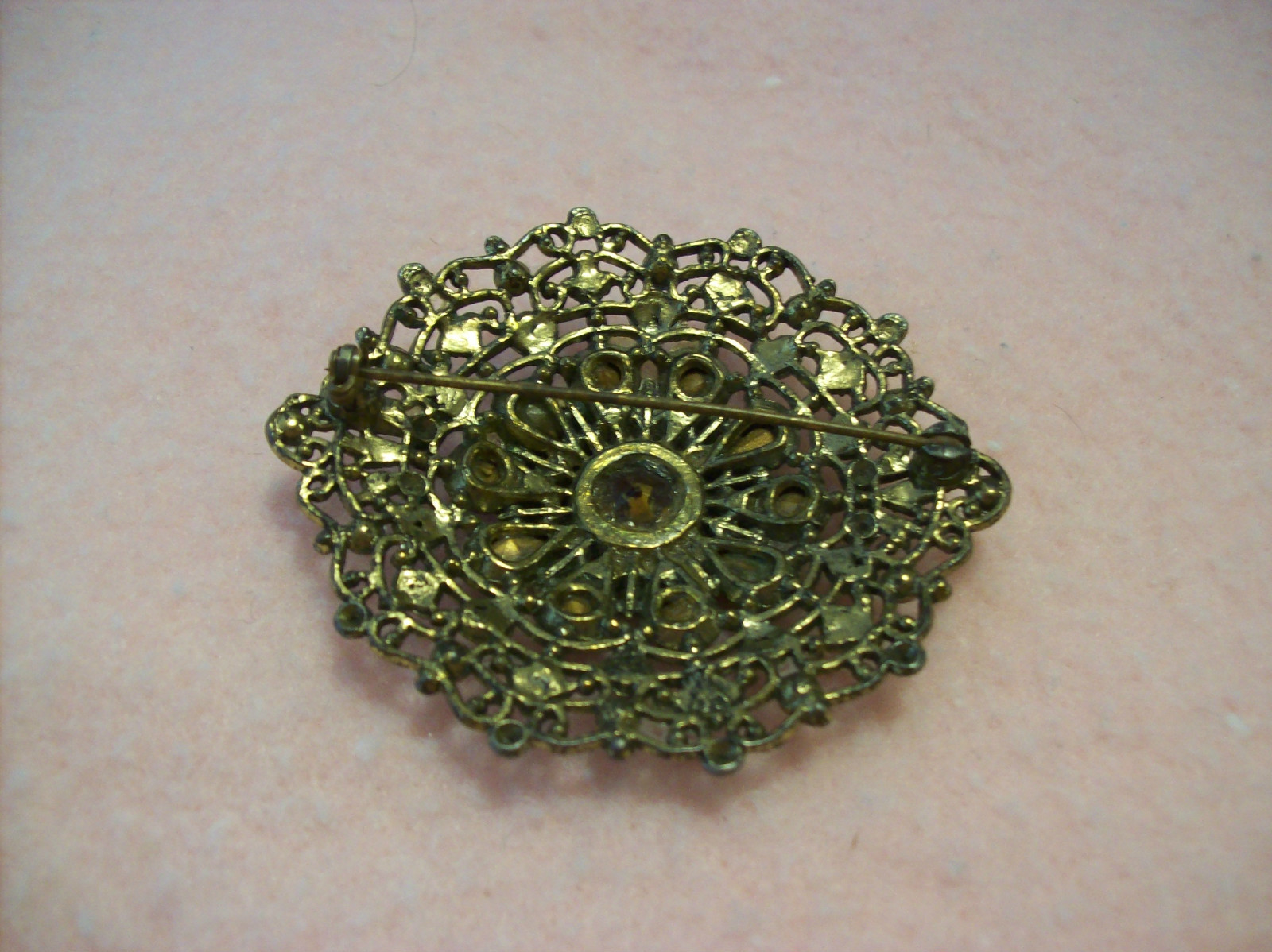 New England Glass Works Antique Brooch Multicolor Rhinestones Filigree Design
