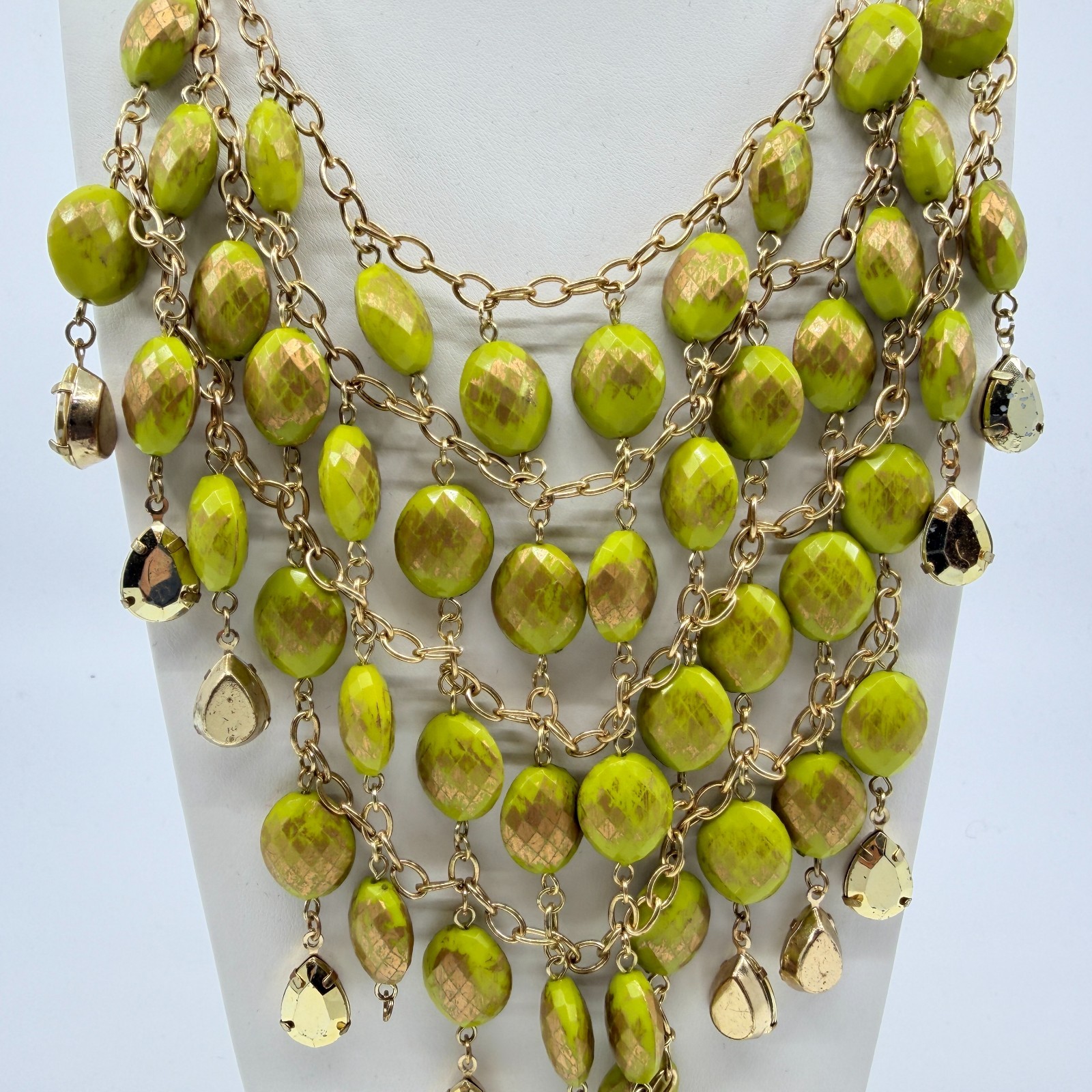 Necklace Vintage Gold Tone Lime Green Bead Bib Statement Bold Chunky Retro Y2K