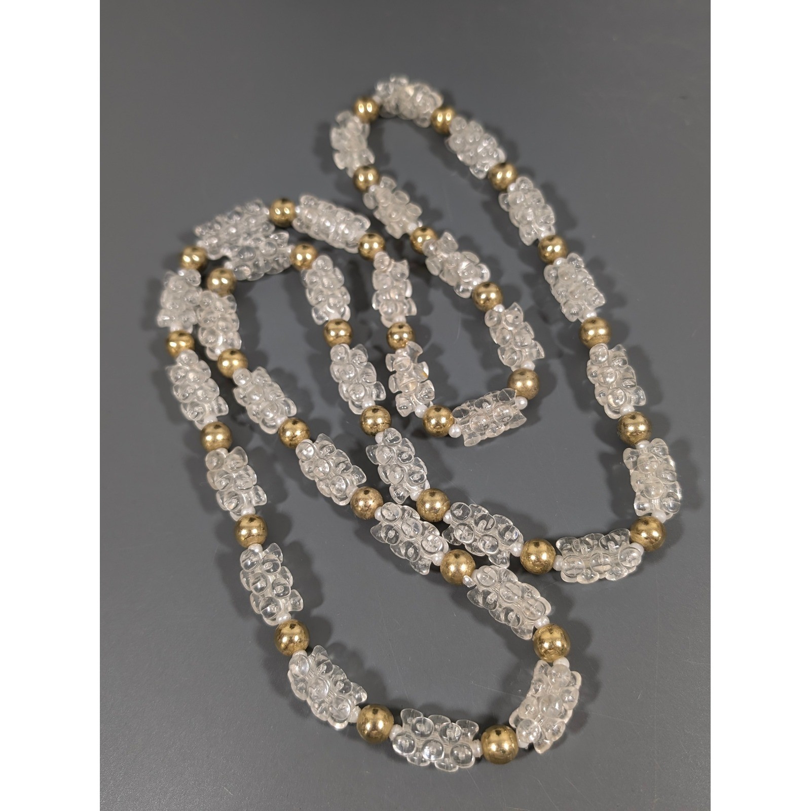 Vintage Lucite Popcorn Bead Necklace Clear Gold Tone Long 36″