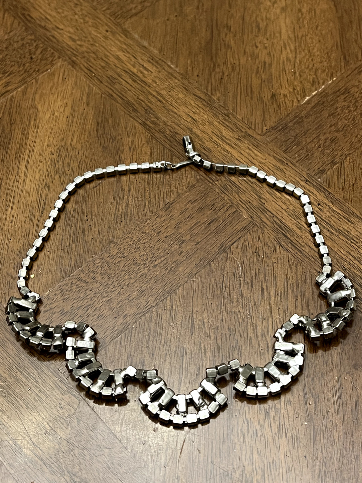 Vintage Coro Necklace Silver Tone Black & Clear Rhinestones Sparkly Signed!