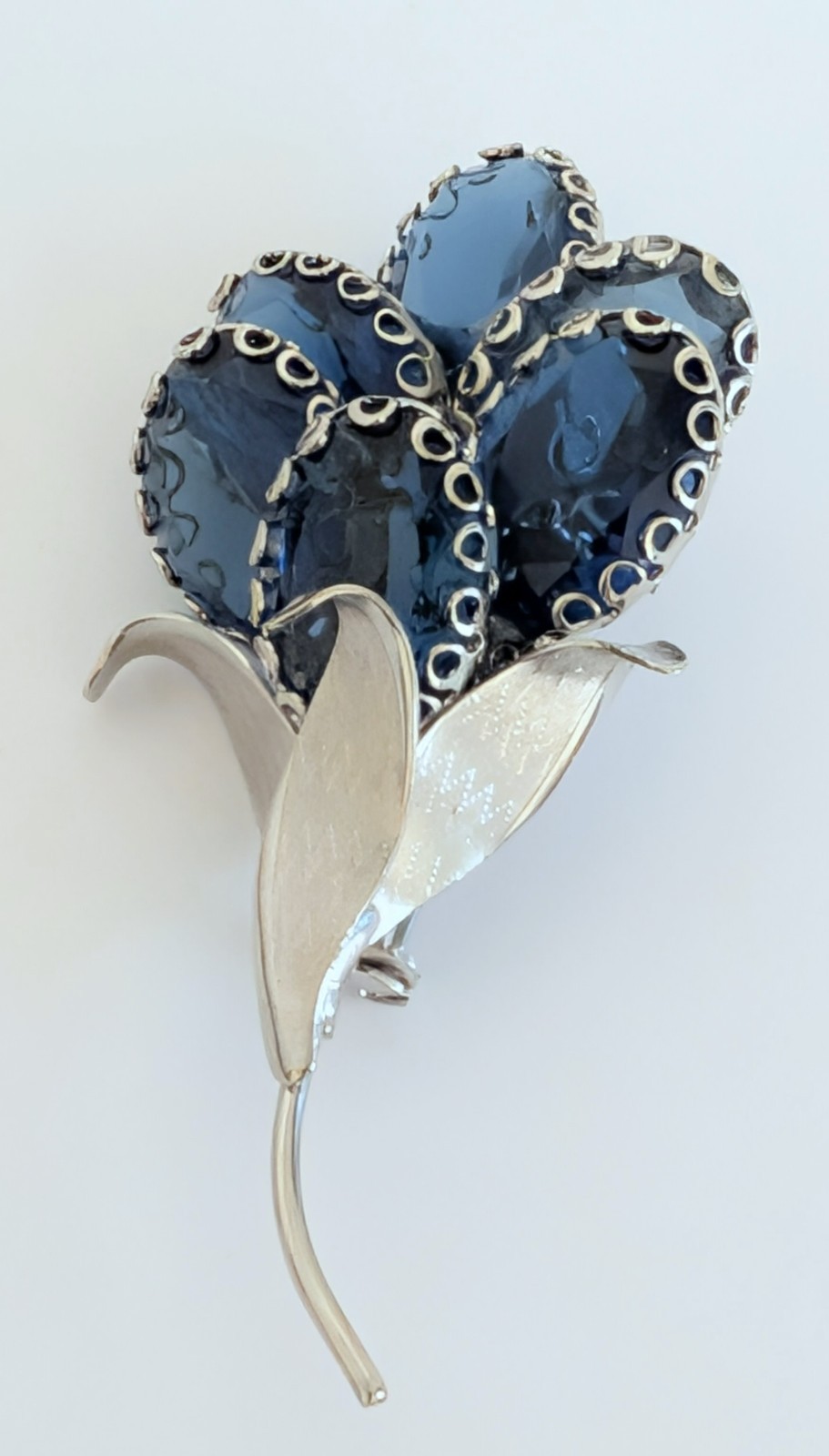 Vintage 1970’s Cobalt Blue Glass Brushed Silver Tone Bouquet Brooch
