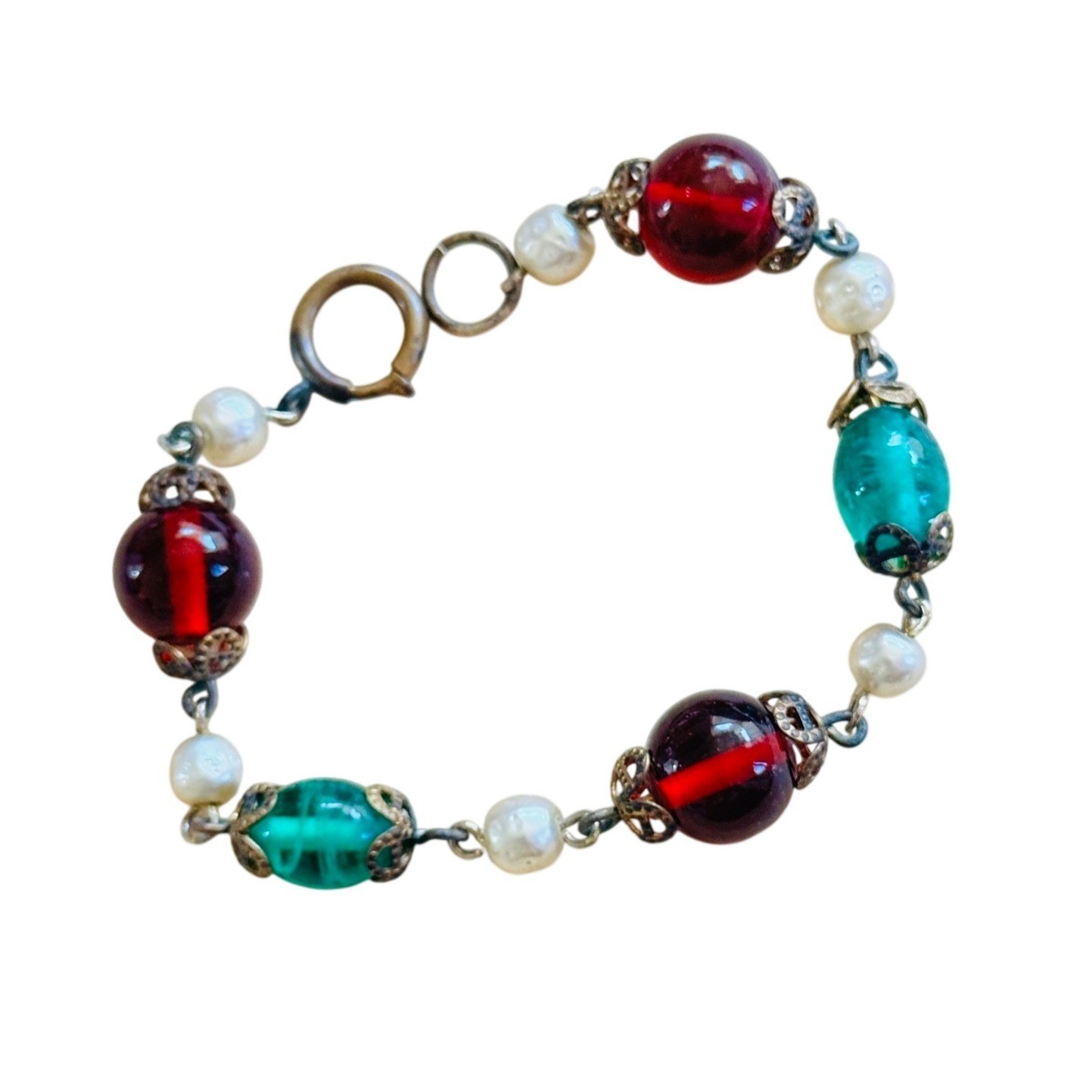 VTG Chunky Gripoix Style Glass Cabochon Pearl Bracelet Brass Statement Boho 7″