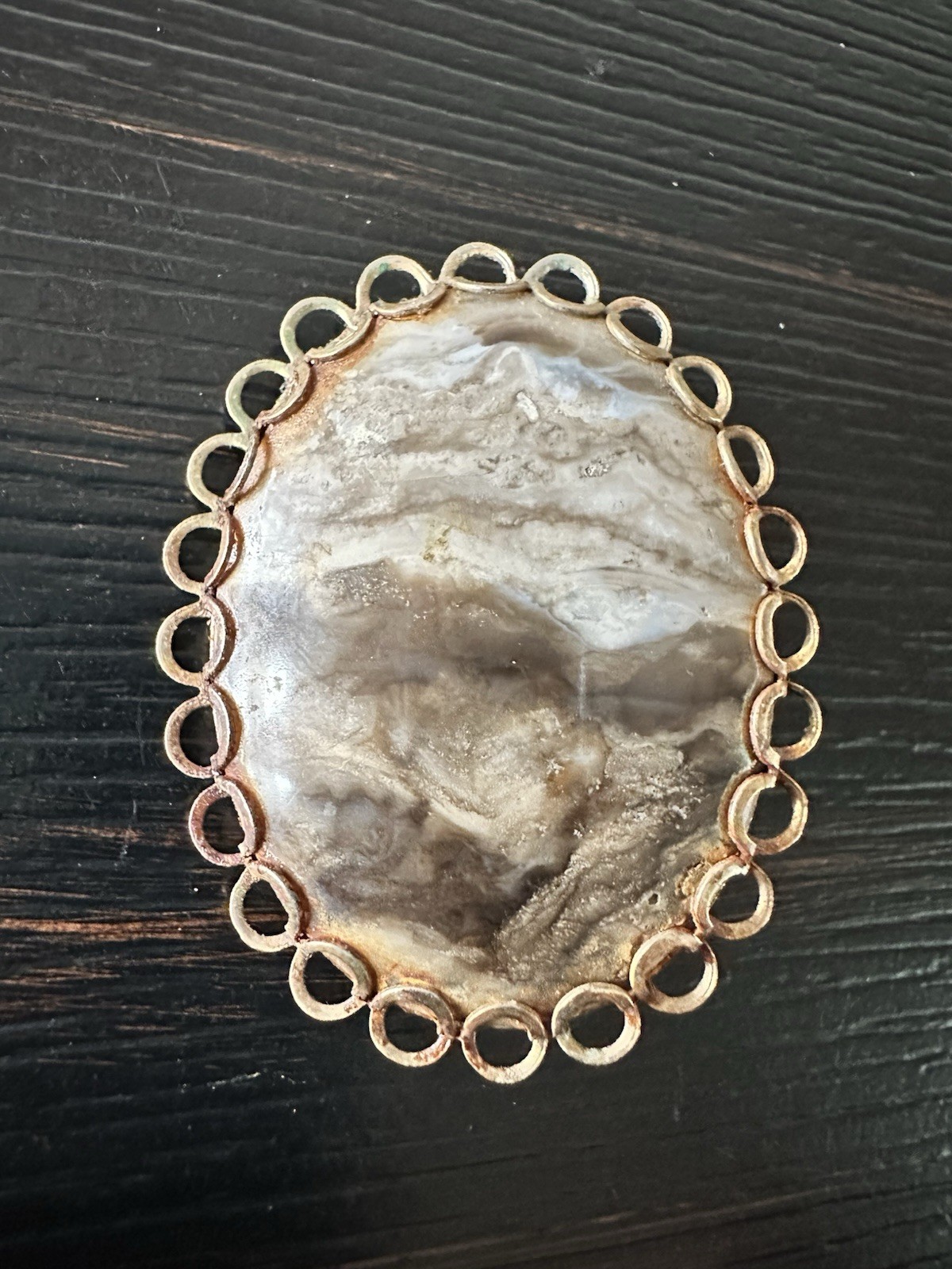 Vintage Oval Brown And White Marbled Polished Stone Cabachon Brooch VGC