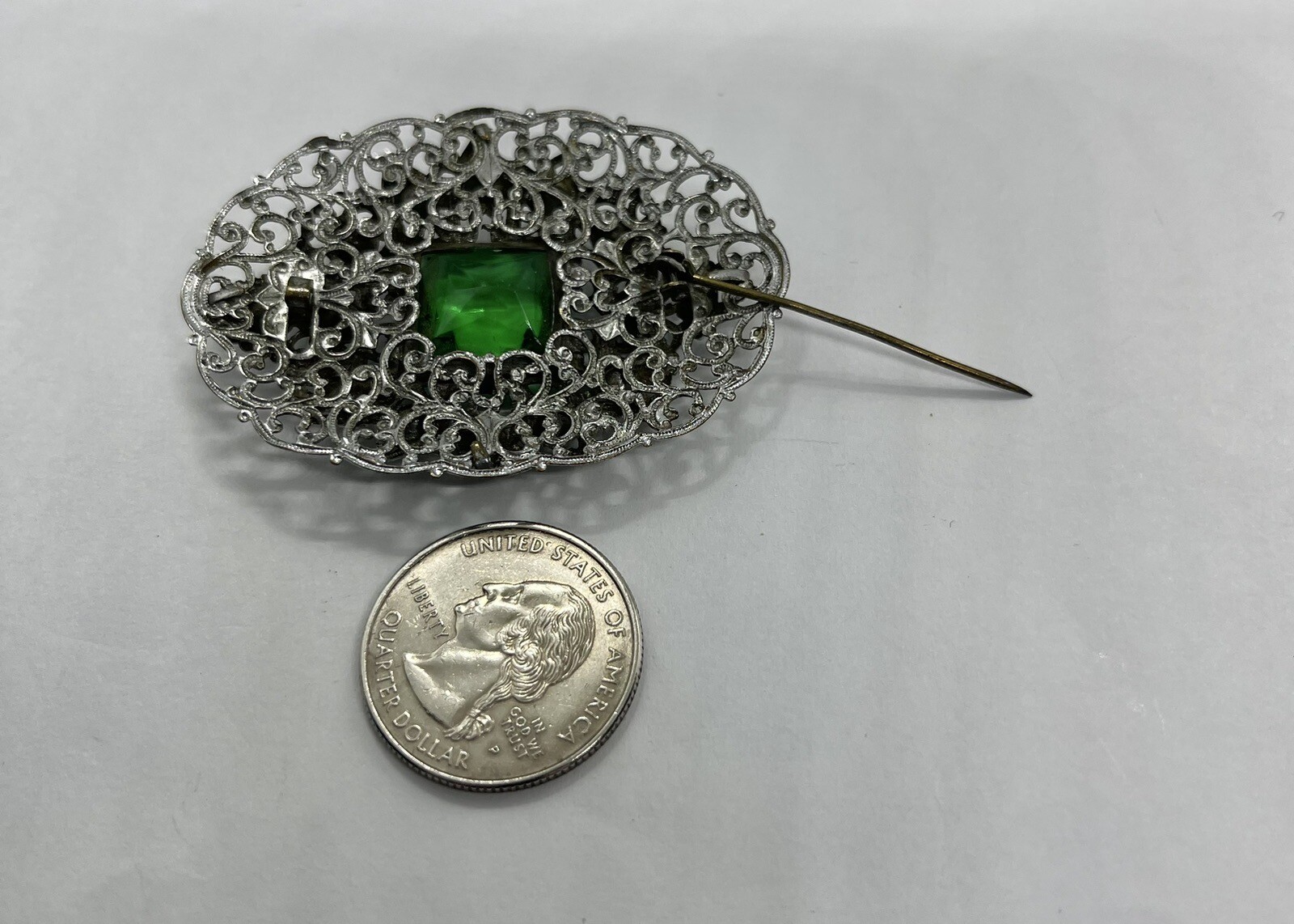 Antique Art Deco Green Domed Square Czech Glass Silvertone Filigree Brooch