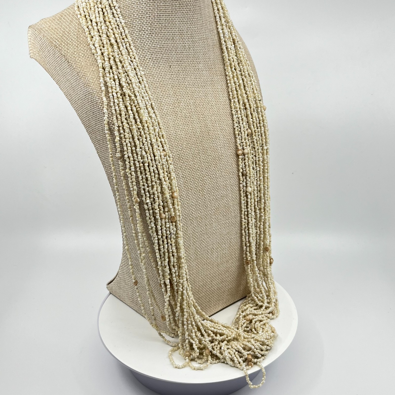 Vintage Multi-Strand Cream Seed Bead Statement Necklace Classic Style Lobster