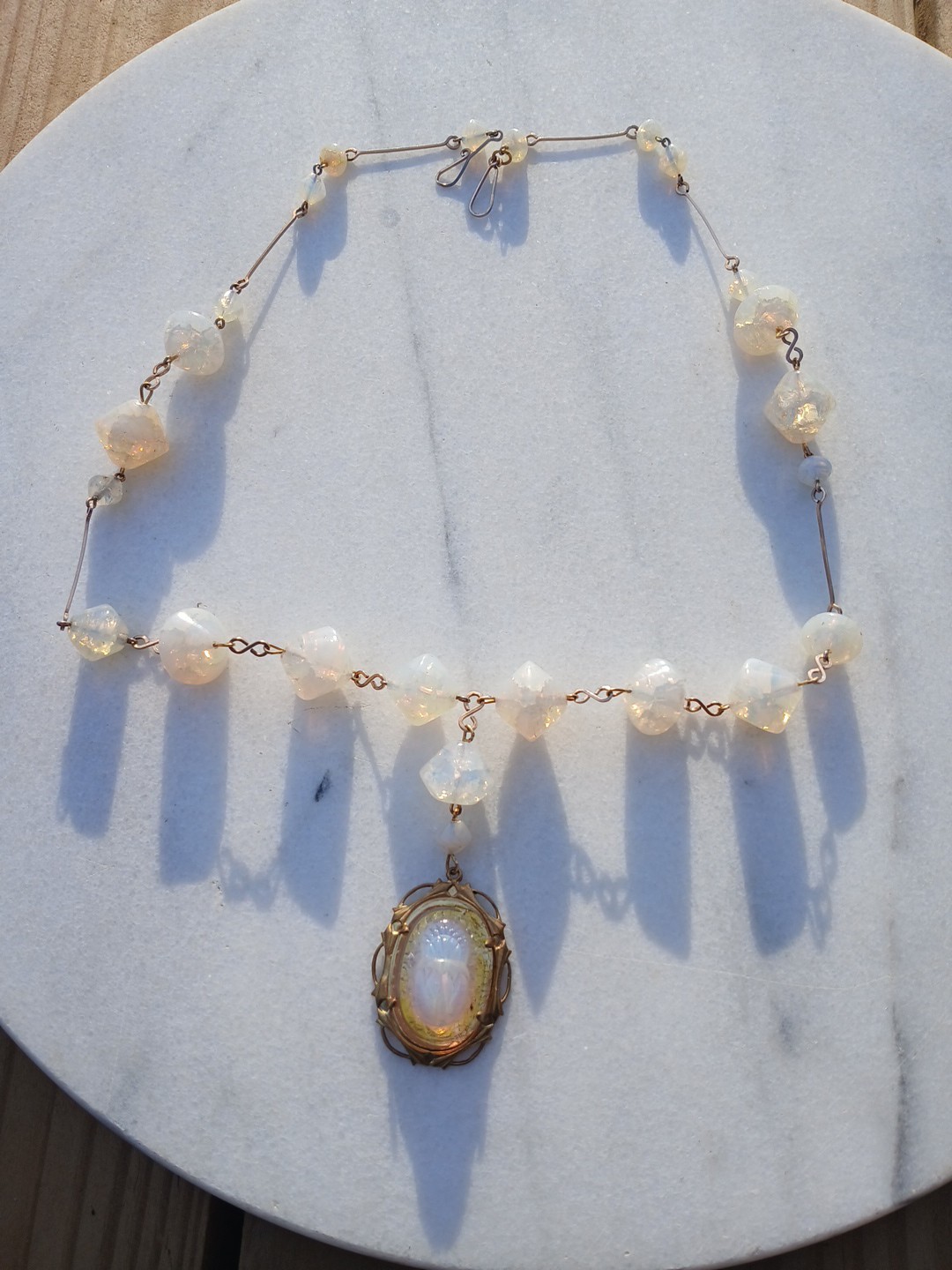 SALE! VINTAGE EGYPTIAN OPAL FOIL SCARAB ANTIQUE FOIL CRACKLE GLASS NECKLACE SET