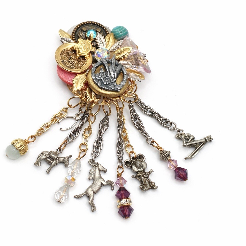 OOAK Assemblage Charm Brooch Wearable Art Dangle Statement Pin