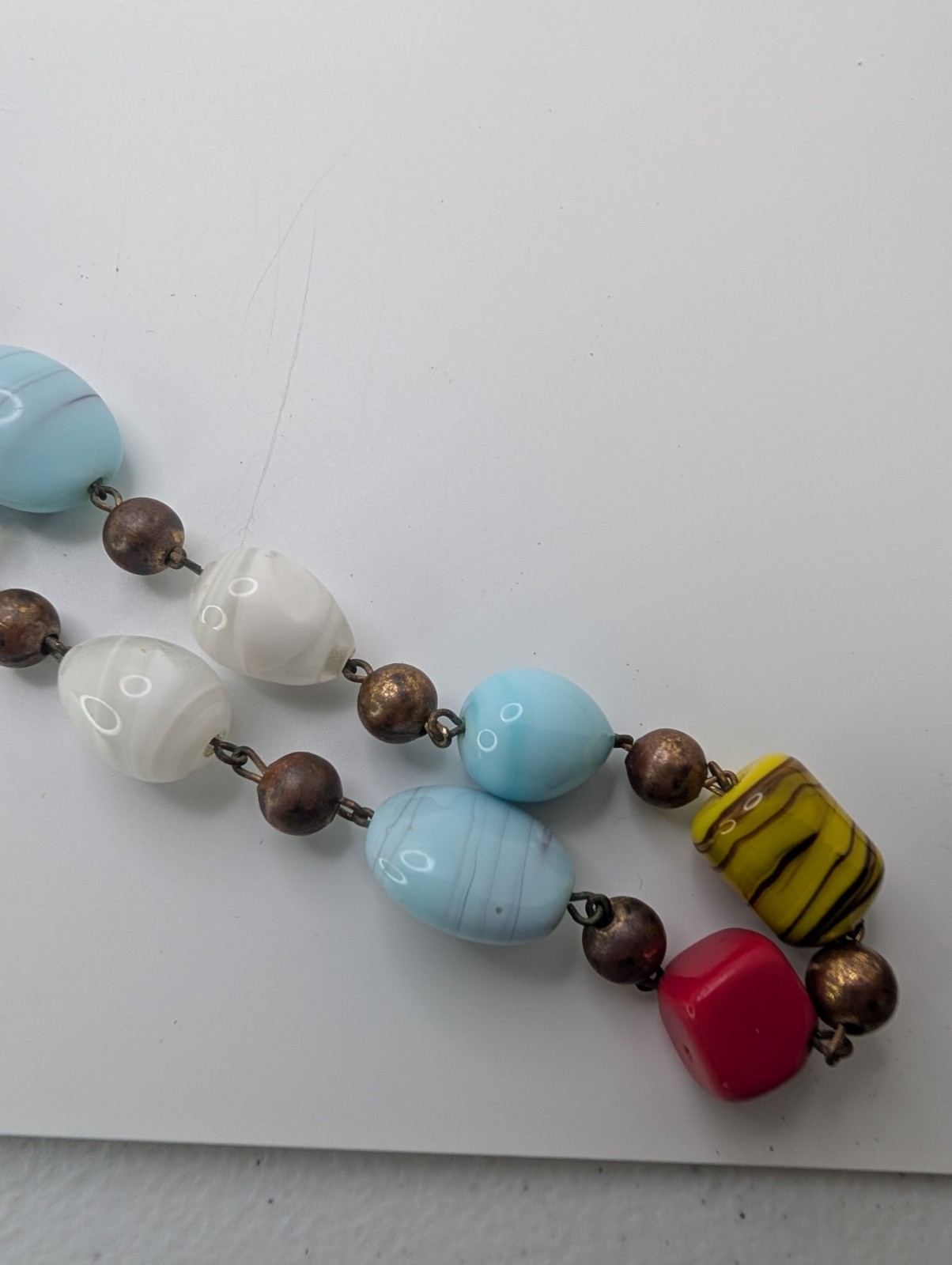 VTG Colorful Glass Metal & PlasticBead Necklace Painted Bronze Swirls Long
