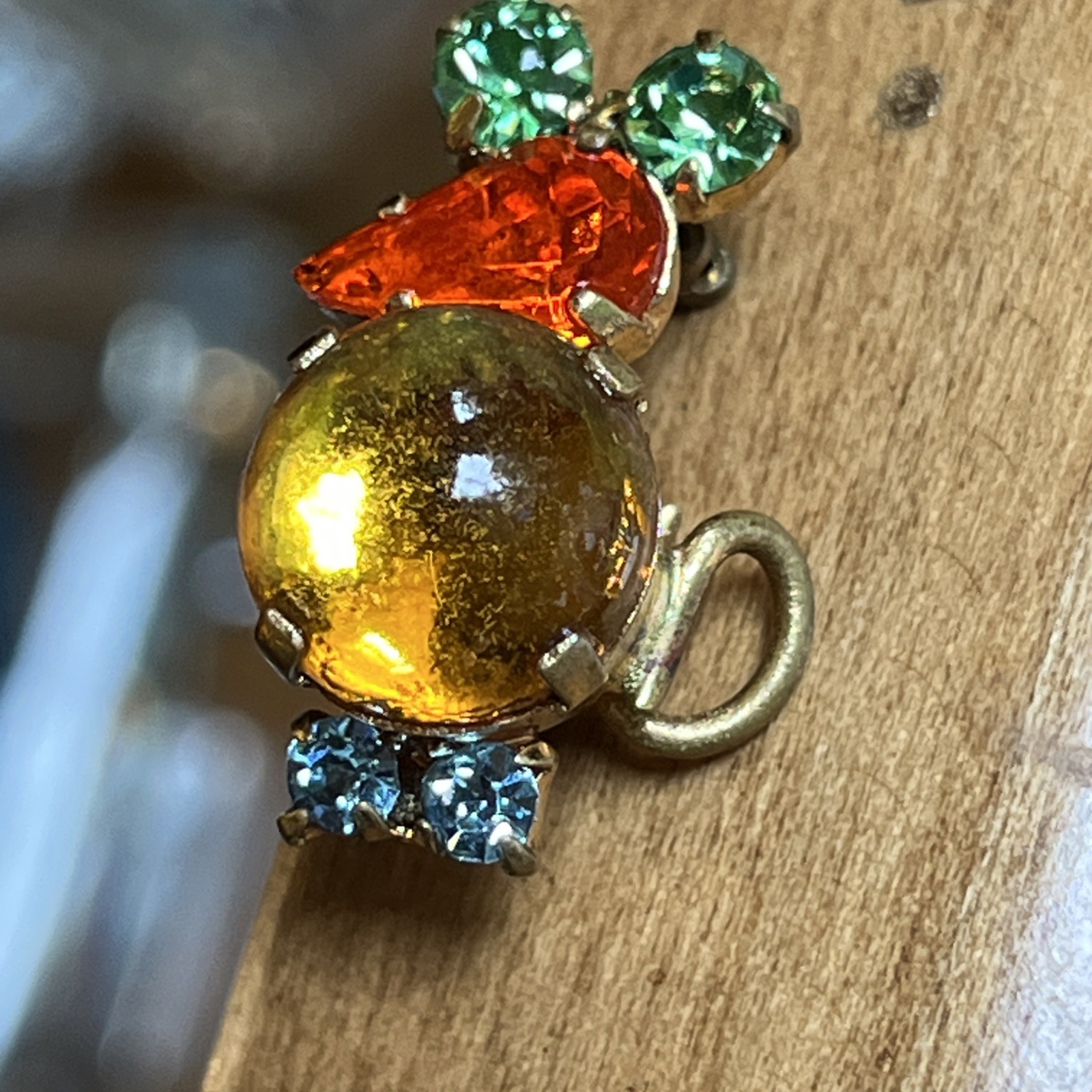 Vintage Made In Austria Mouse Brooch Prong Set Cabochon & Faceted Crystals