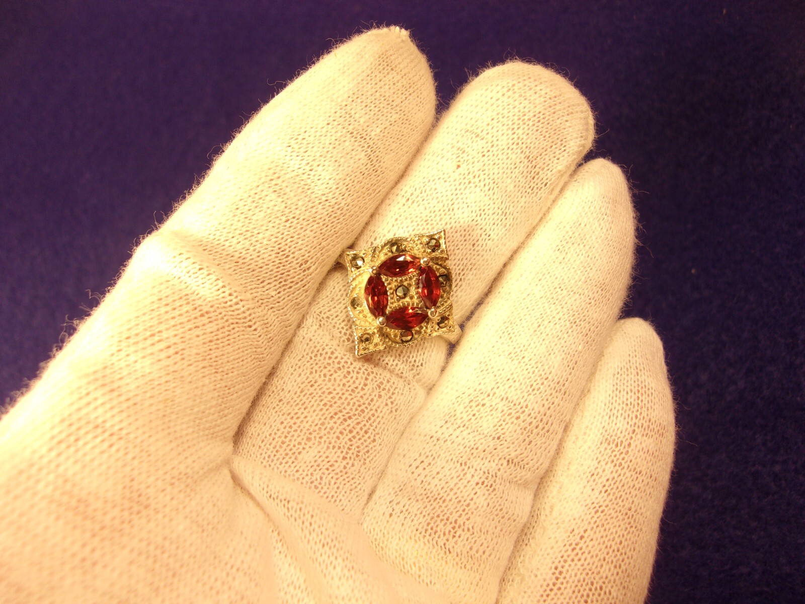 #3 of 6, SUPERB OLDER VTG LADY’S STERLING SLVER, ORANGE GARNET & MARCASITE RING
