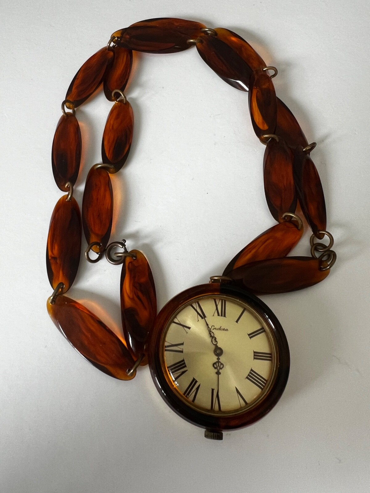 Vintage Bakelite Watch Pendant Faux Tortoise Necklace MCM Endura Self Winding