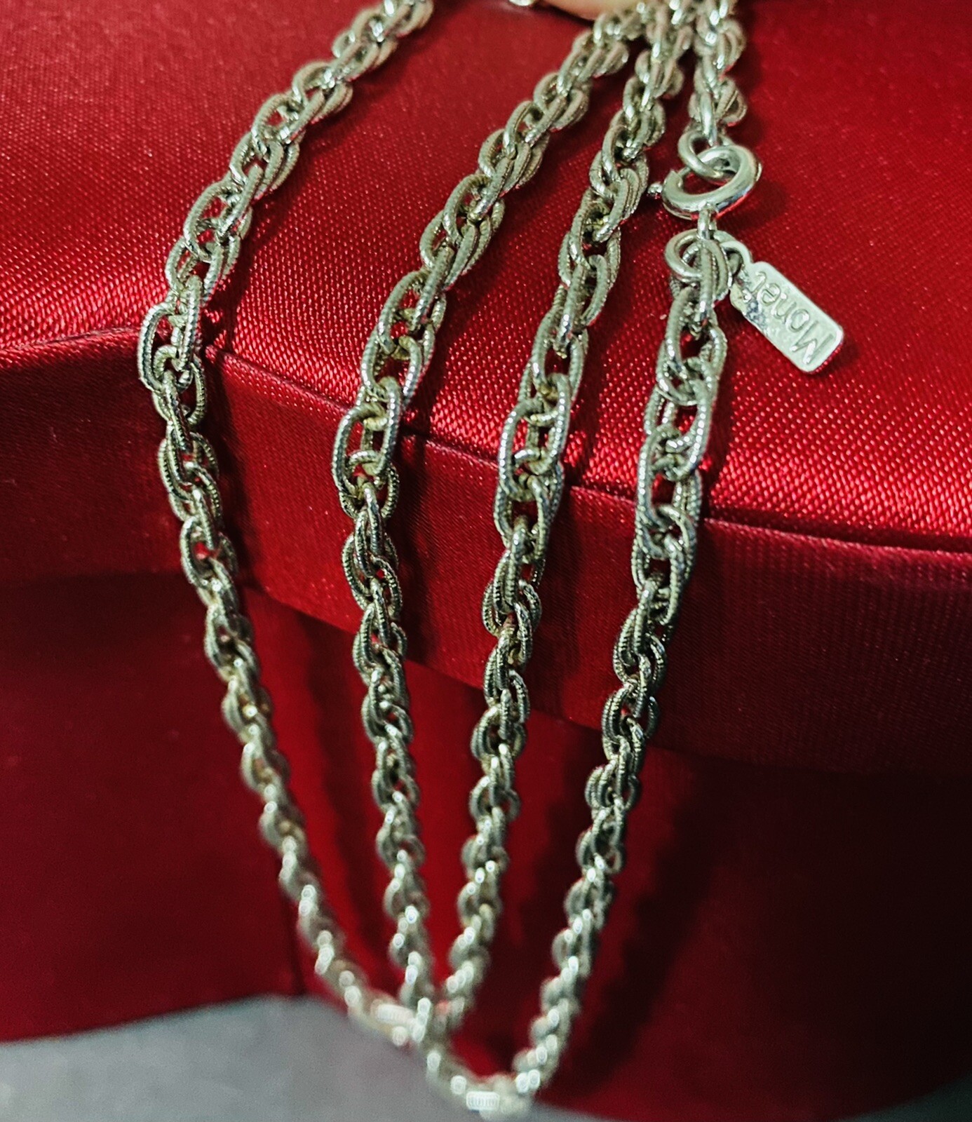 Vintage Unisex MONET Signed Silver Spiga Wheat Link Long Fashion Necklace 27”