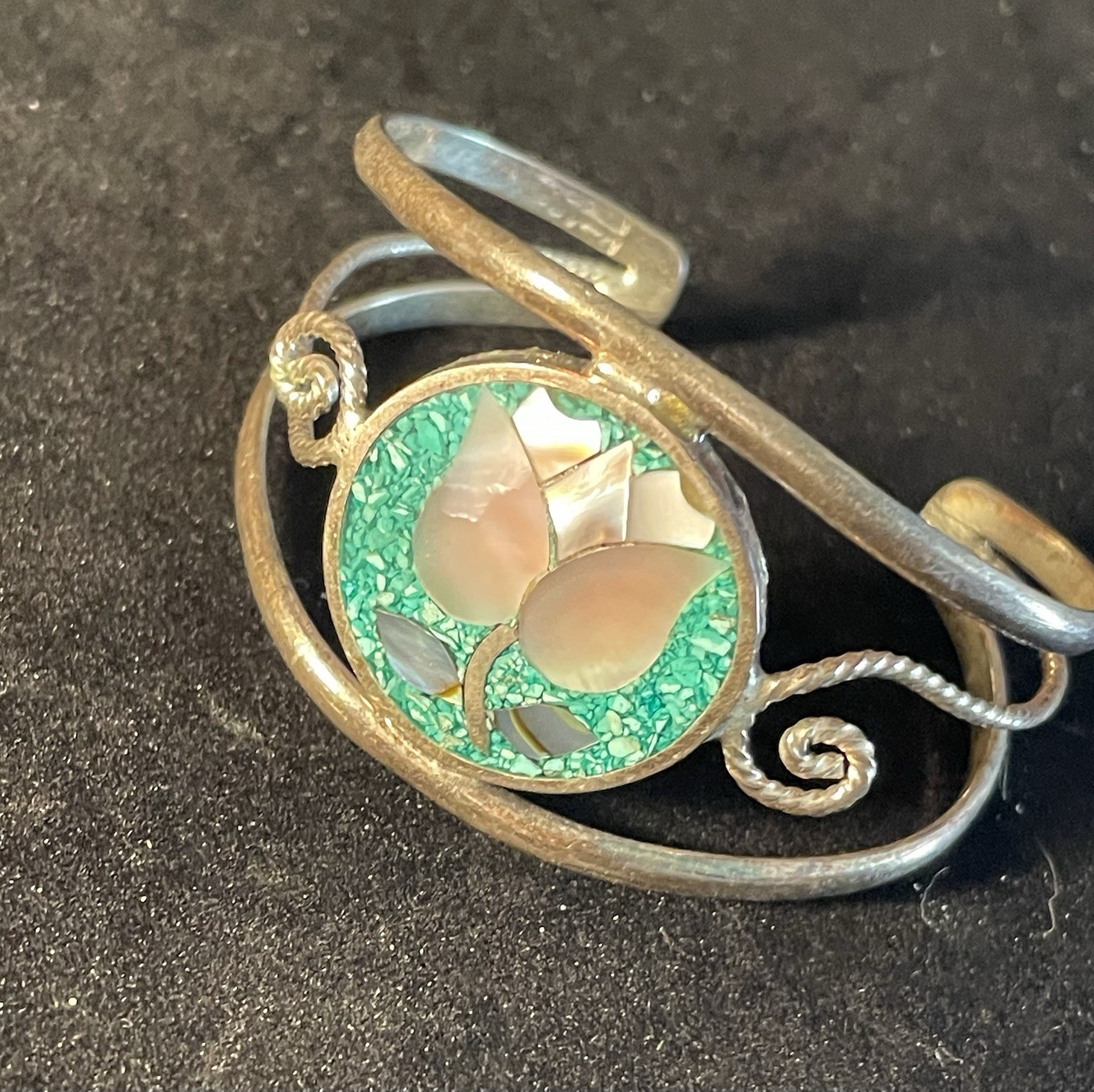 Vintage Alpaca Mexico Silver-Tone Mixed Metal Turquoise Small Cuff Bracelet