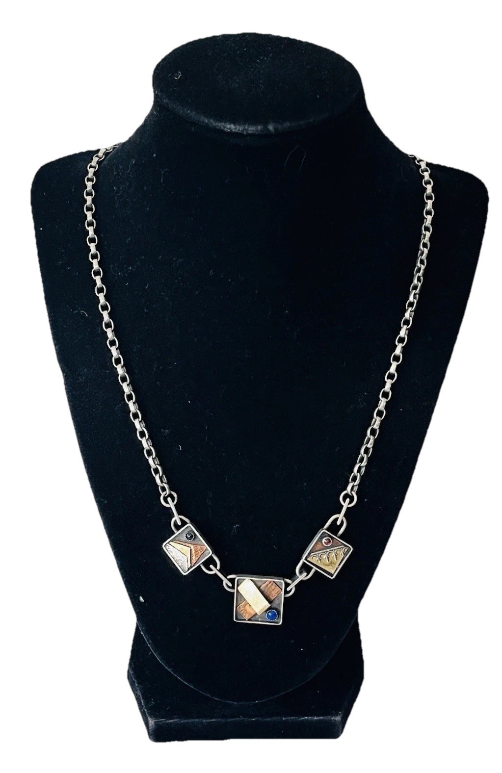 Vintage Signed Modernist Mixed Metal Sterling Silver Stone Link Necklace 32Grams