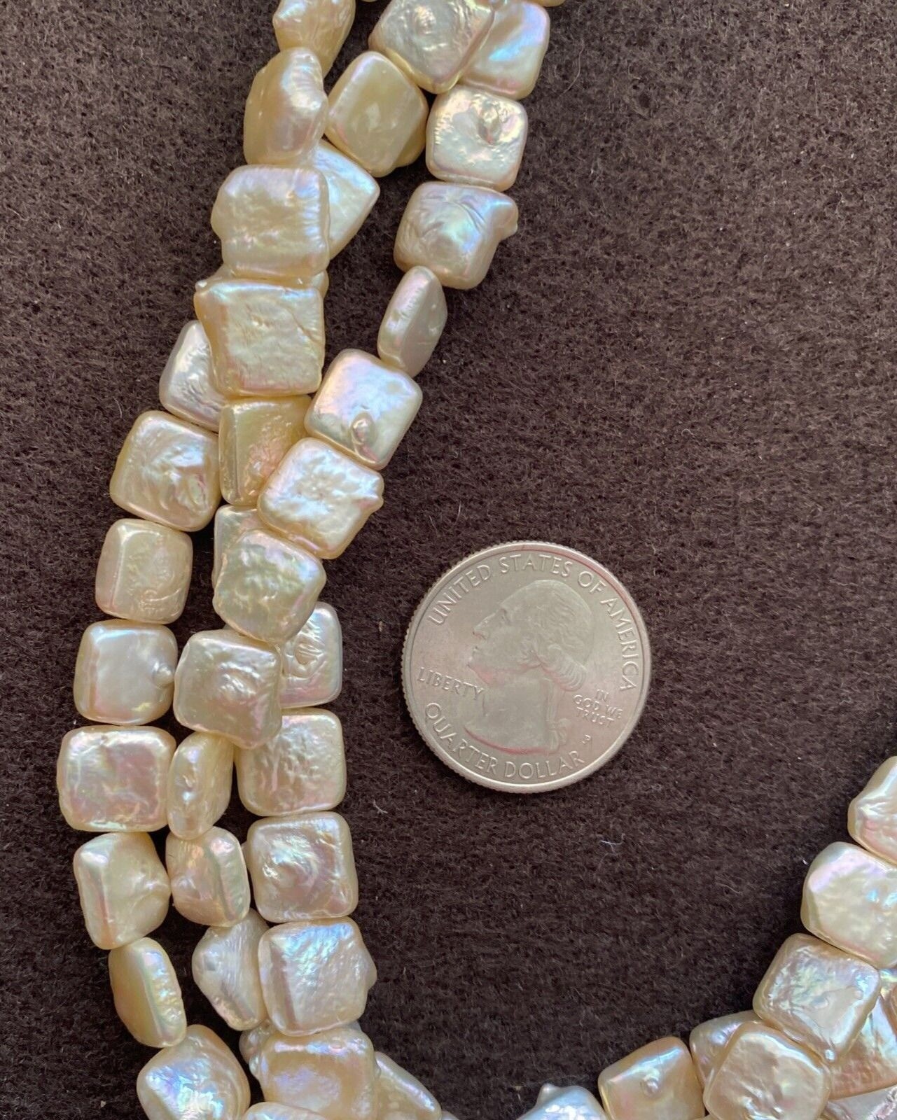 lridescent Off White Square Pearl Multi Strand Necklace Sterling Cones Clasp 19″