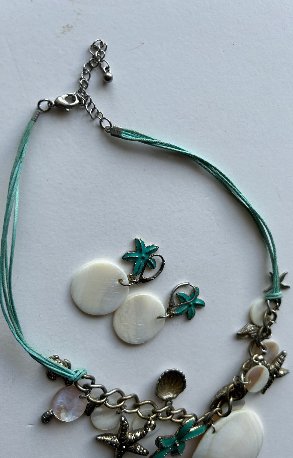 Beachy Nautical Statement Necklace 18″ Turquoise Mother of Pearl Starfish