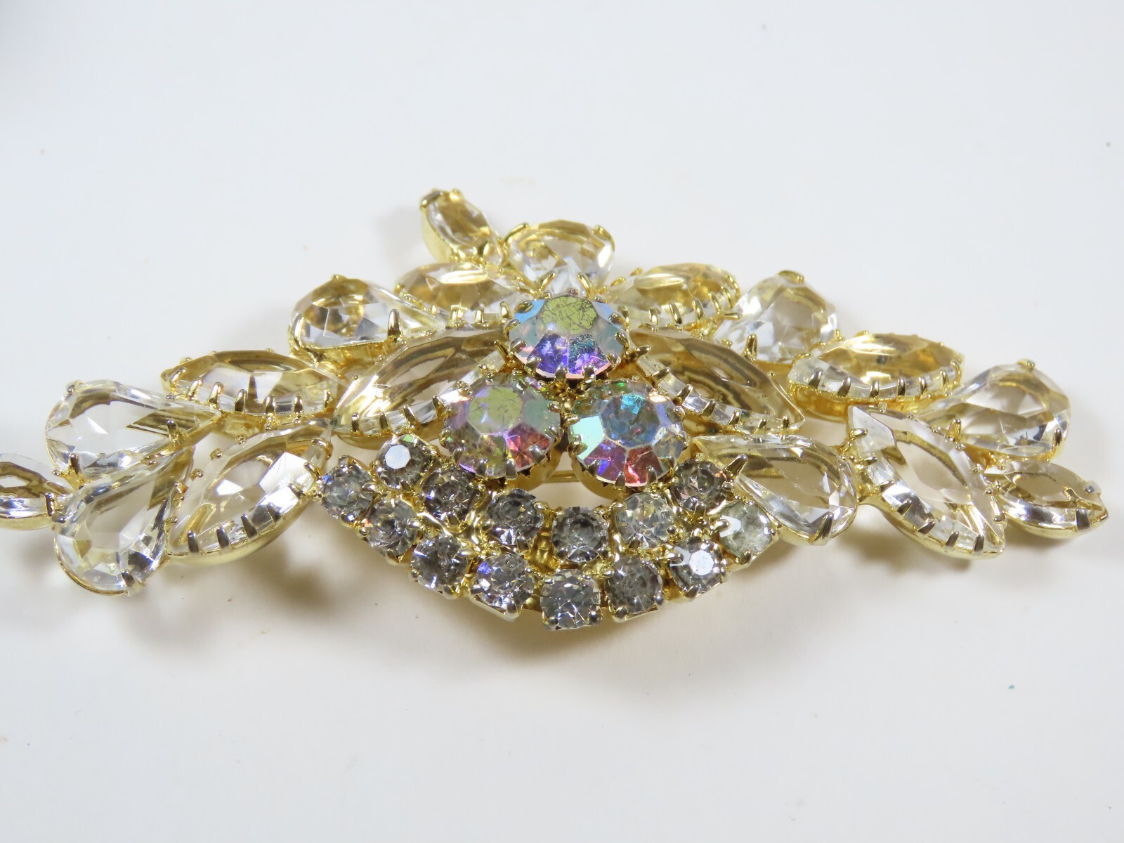 AB Rhinestone Brooch Pin VTG Clear Crystal Cluster Spray Prong Stunning D1580