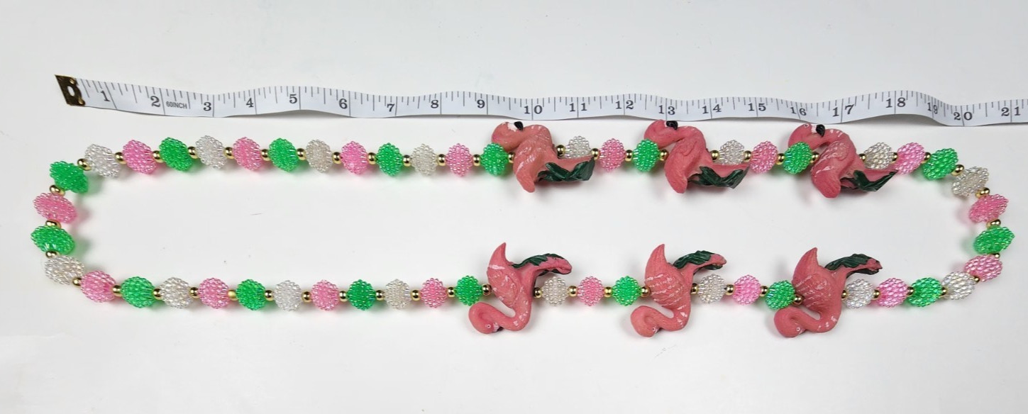 VTG Pastel Resin POPCORN Beaded Flamingo Necklace Pink Green FUN witty Wear