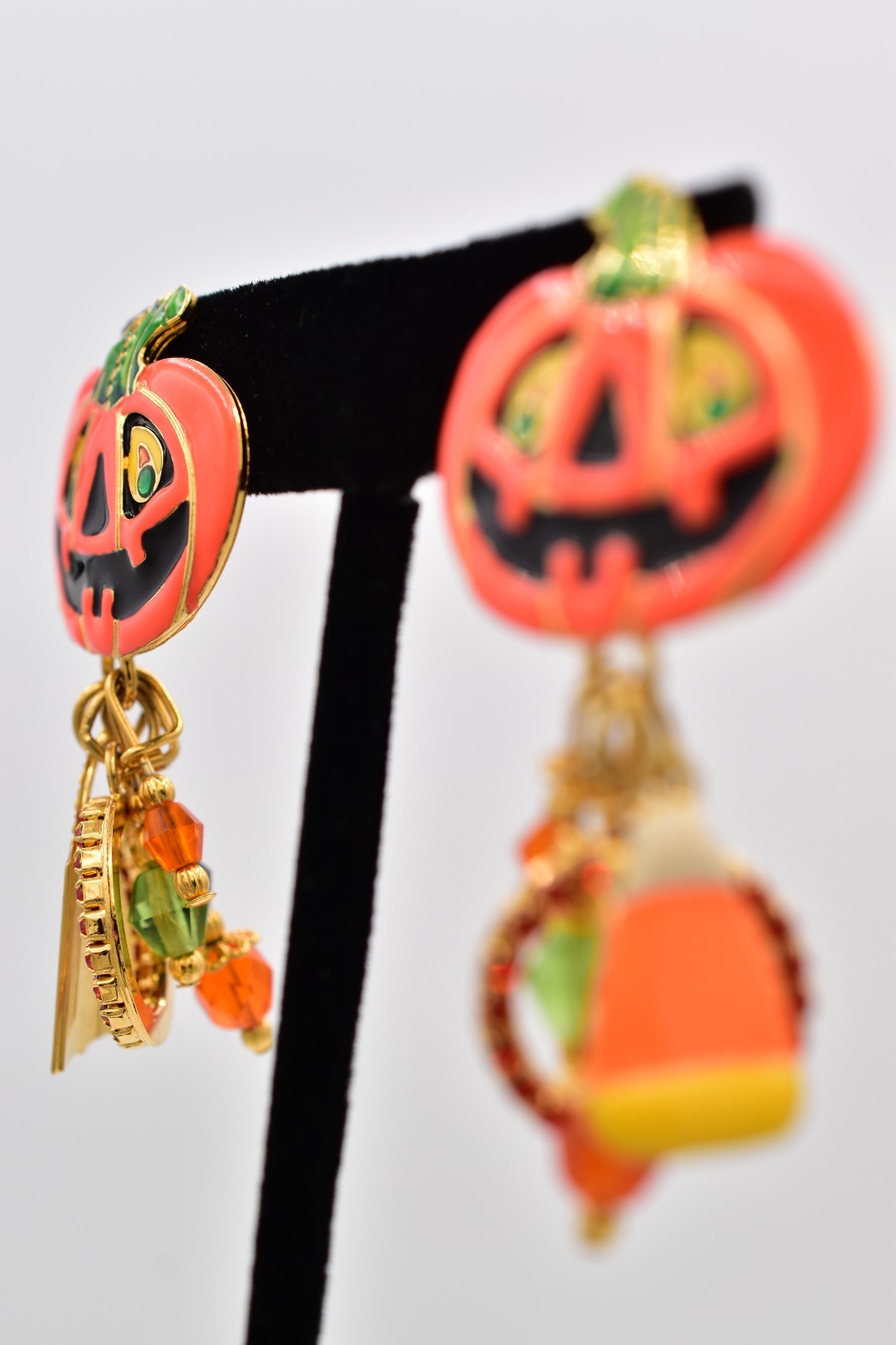 Lunch at The Ritz Halloween Pumpkin Ghost Candy Corn Charm Earrings Signed Bin1