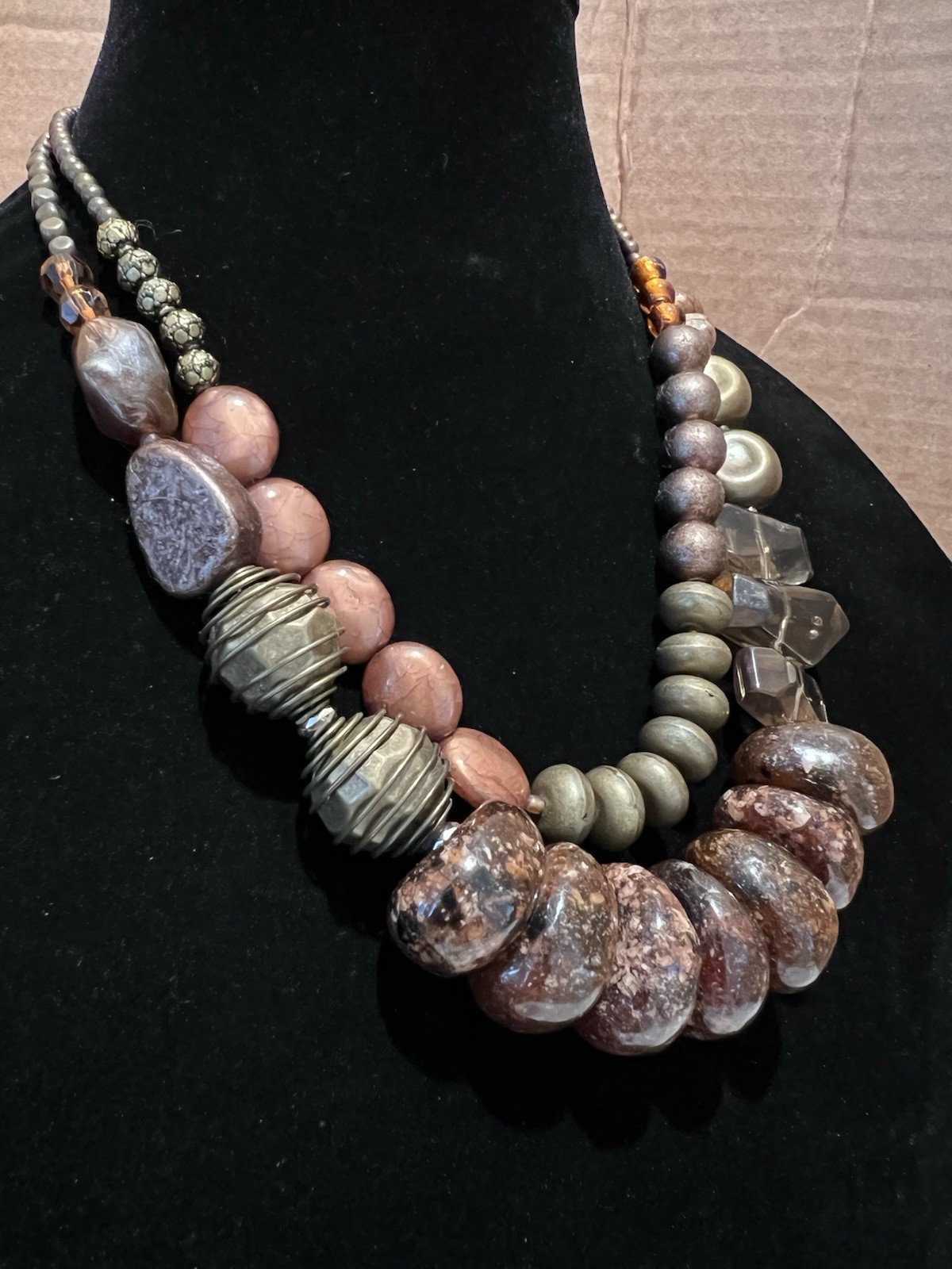 Vintage Boho Chunky Beaded Statement Necklace Earth Tones Acrylic Mixed Media