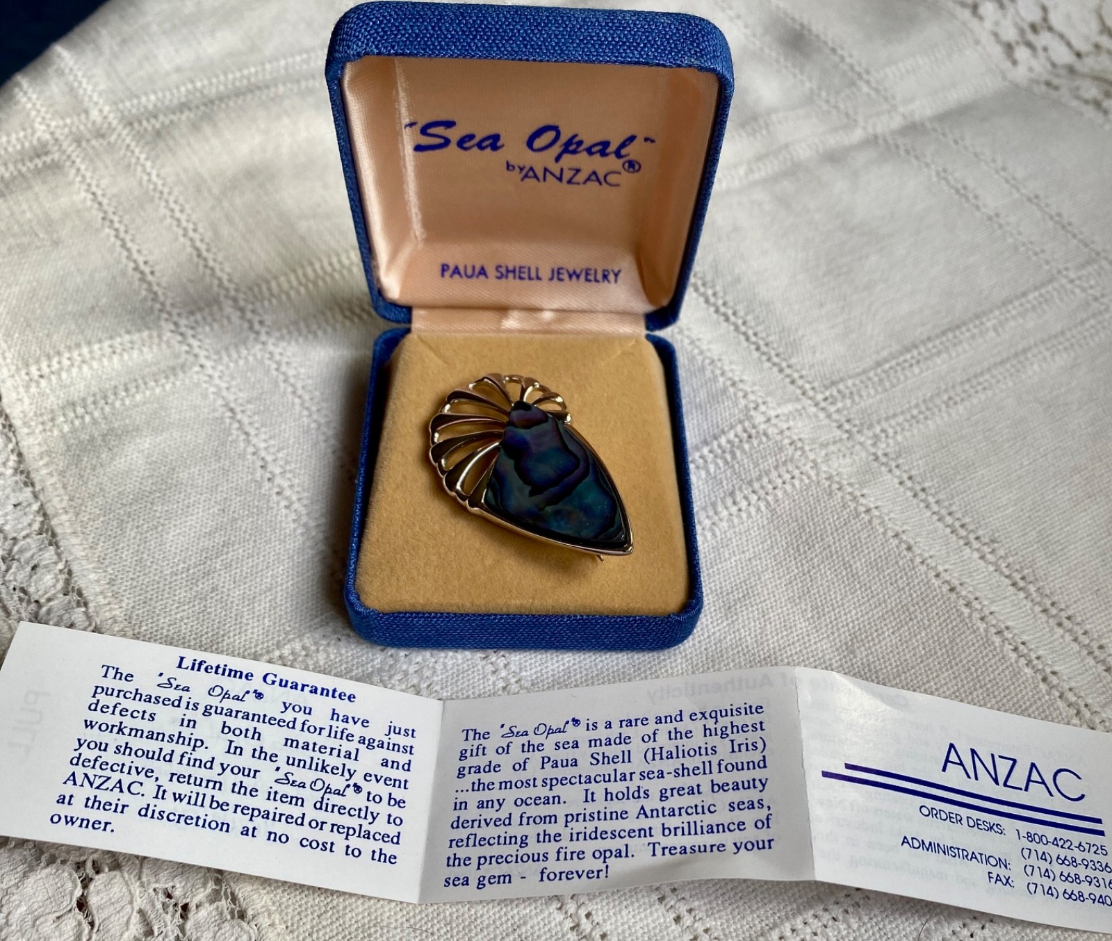 Anzac “sea opal” brooch, Paua Shell Jewelry, in original box PRICE REDUCED