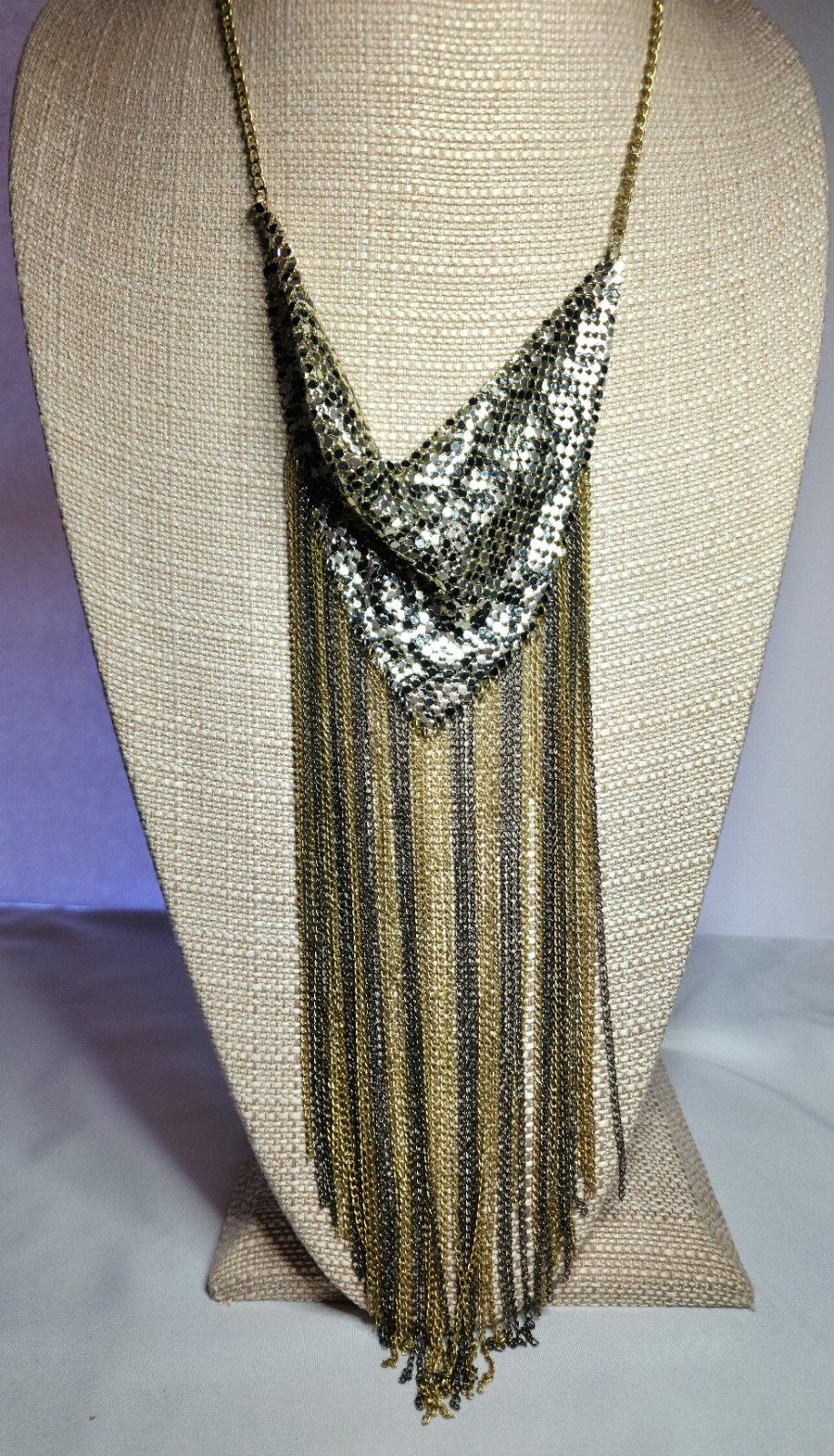 Vintage Gold tone Chainmail Fringe Leopard Statement Necklace 70s