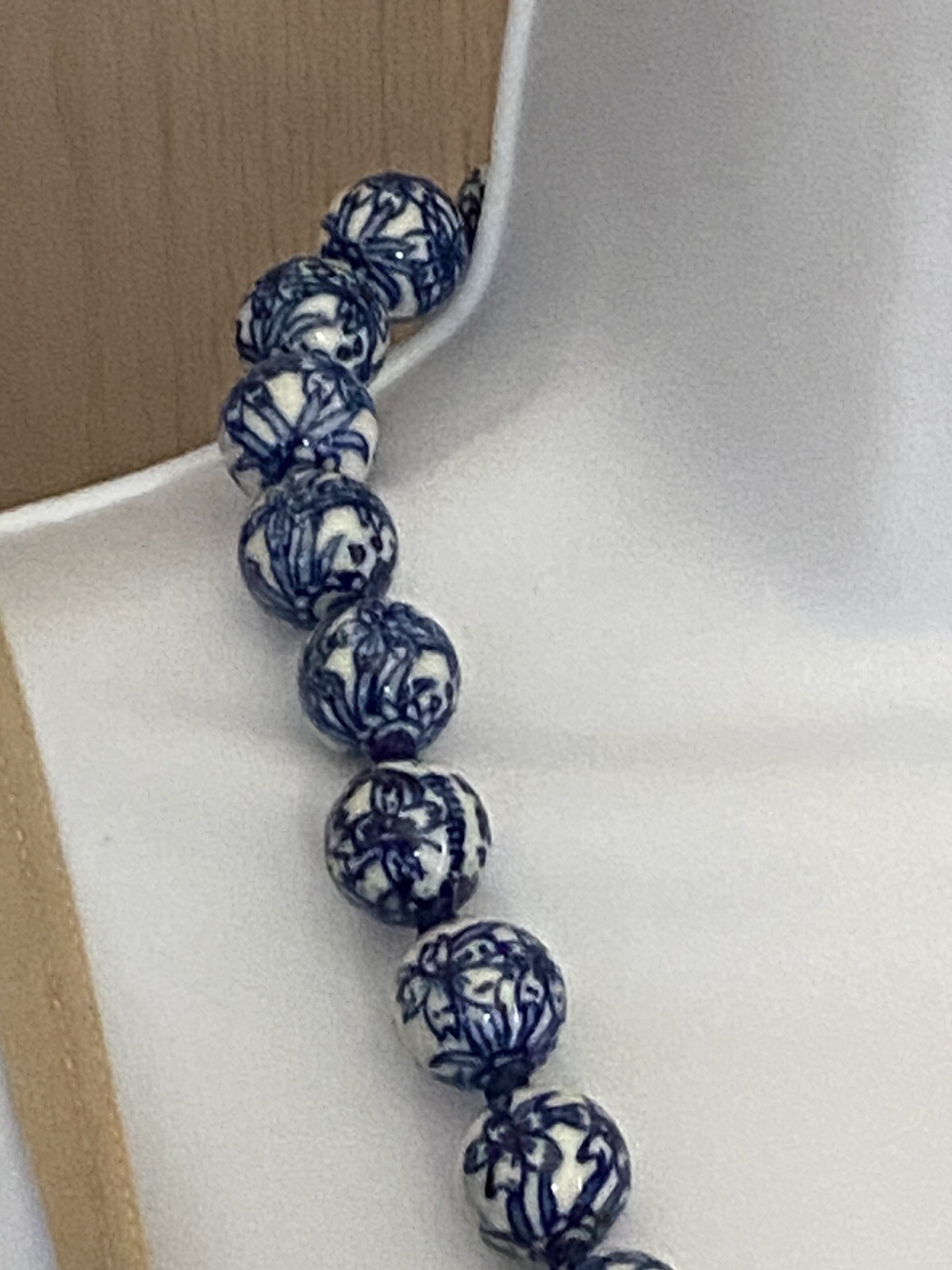 Vintage Chinese Export Blue White Large Porcelain Beaded Necklace Filigree Clasp