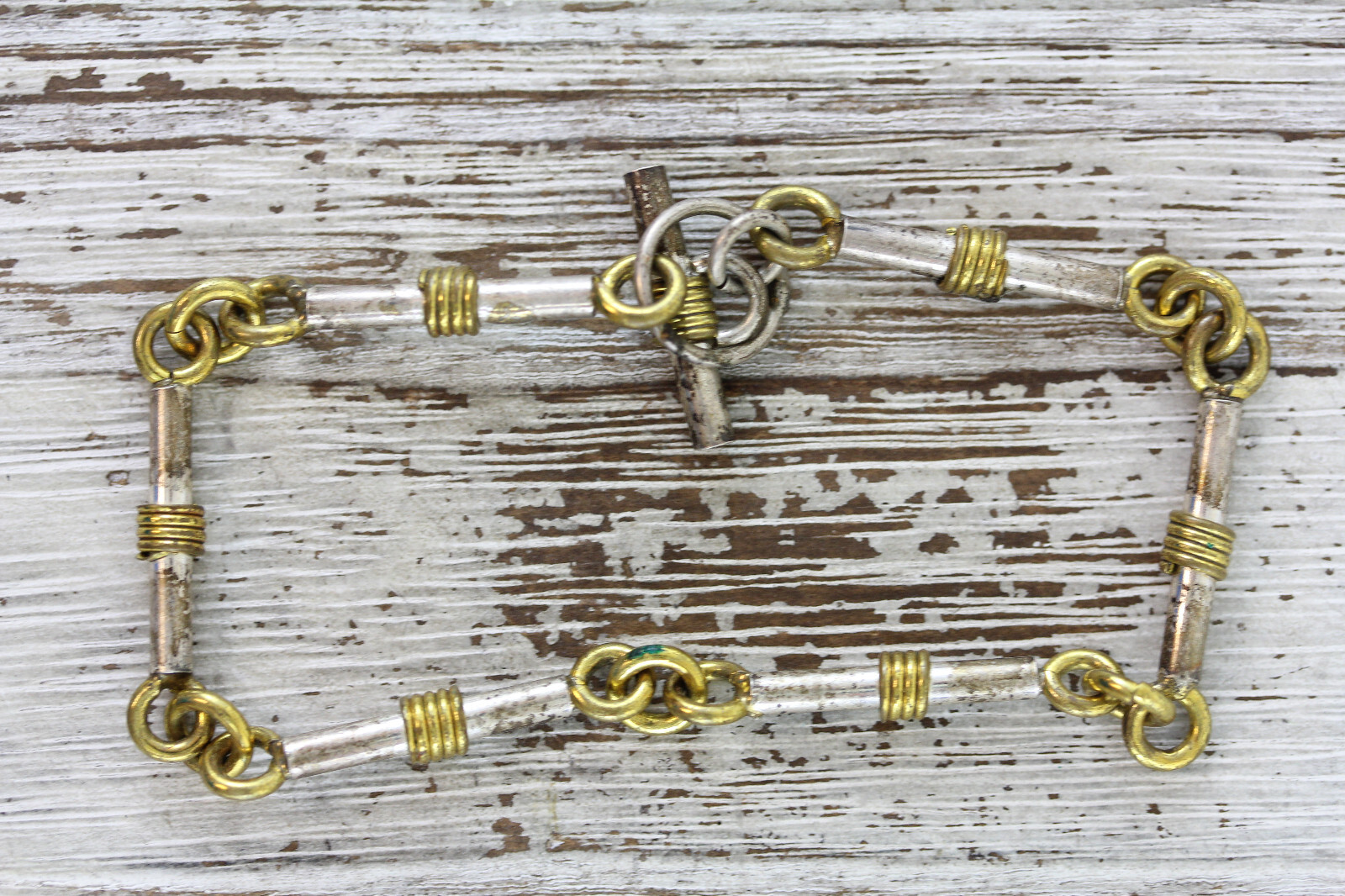 VINTAGE BRONZE STERLING SILVER 925 8.5″ BRACELET WIRE WORK CHAIN BAR LINK TOGGLE
