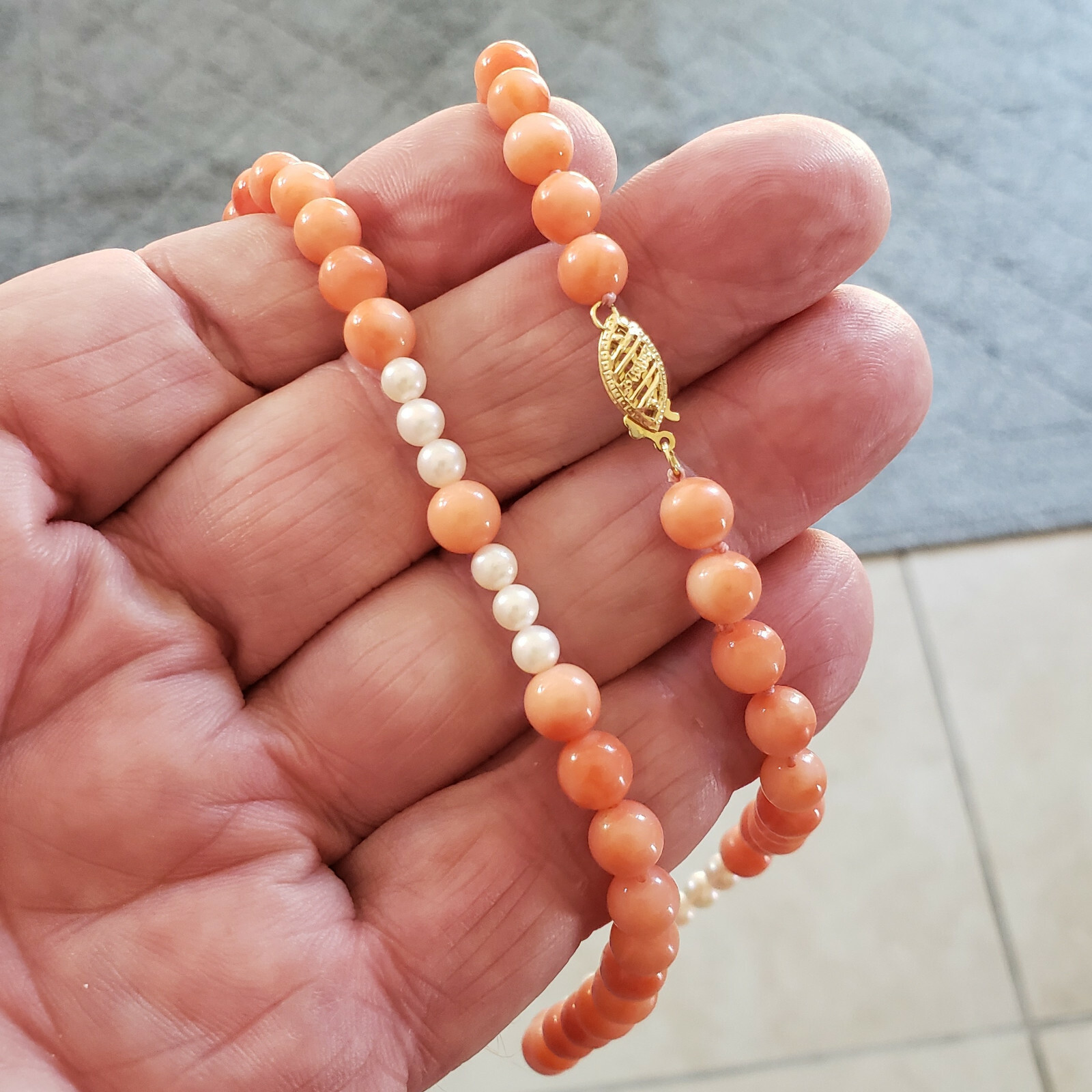 Pink Angel Skin Coral Necklace 14k Yellow Gold Clasp & Pearls 16.5in [6770]