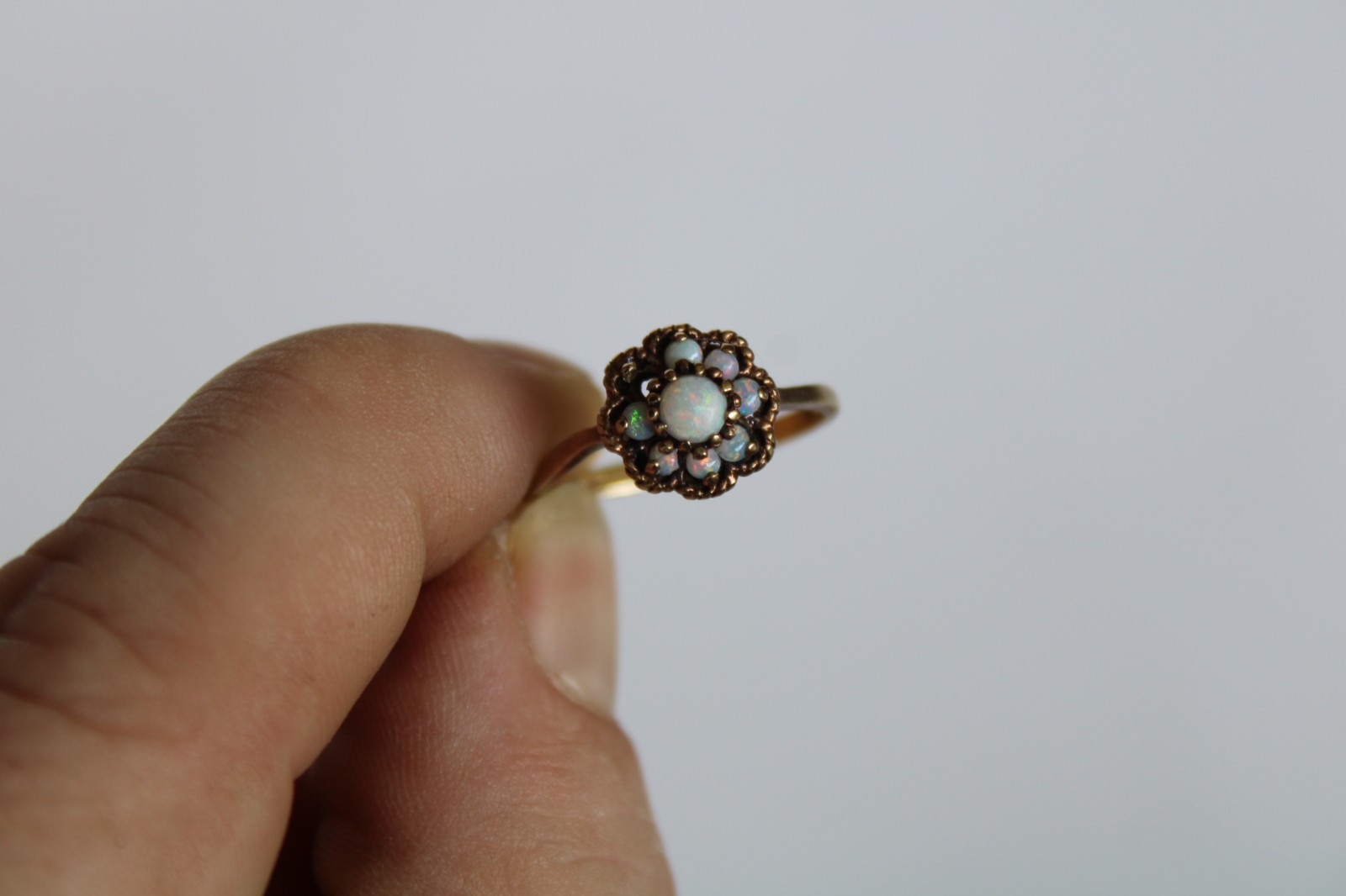 Vtg 10K Yellow Gold & Fire Opal Floral Cluster Ladies Estate Ring, 2.25g -S: 5.5