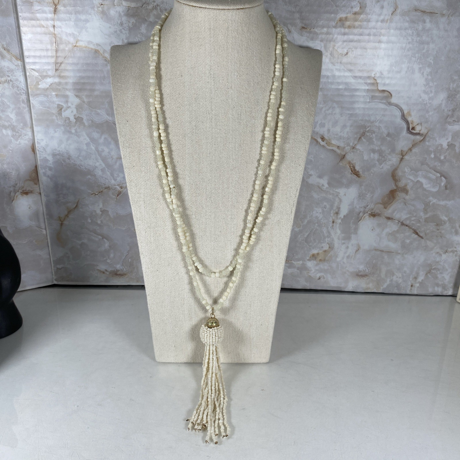 Vintage Beaded Long Necklace Tassel Off White Cream