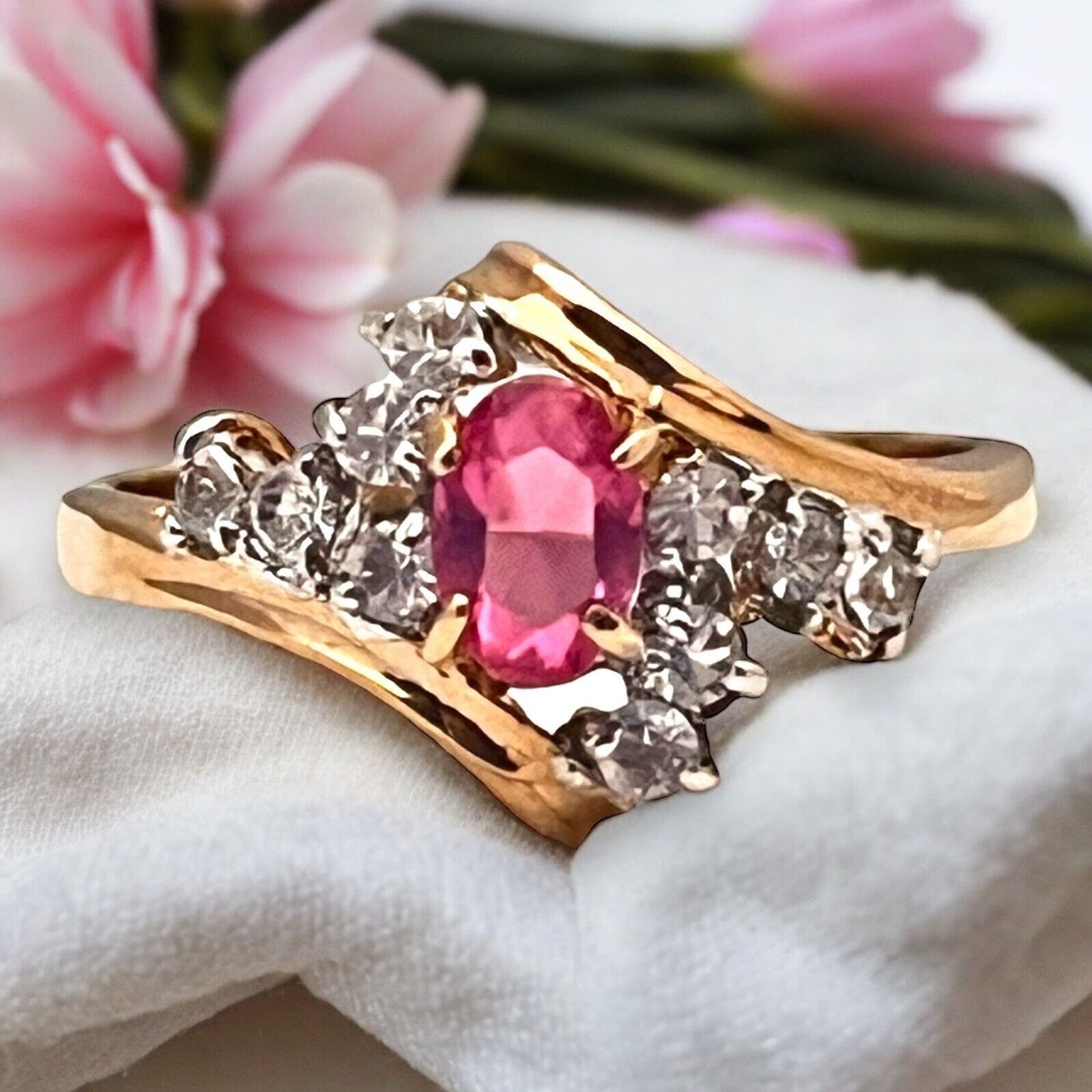 Vintage 1970s Ring Size 7 Pink Crystal CZ Cluster Prong Set Gold Plated – 14L