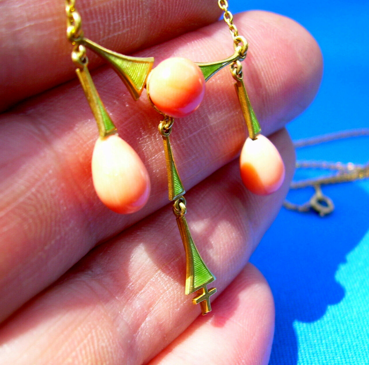 ORIGINAL Art Deco Coral Guilloche Enamel Necklace Solid 14K GOLD 18″ inch Chain