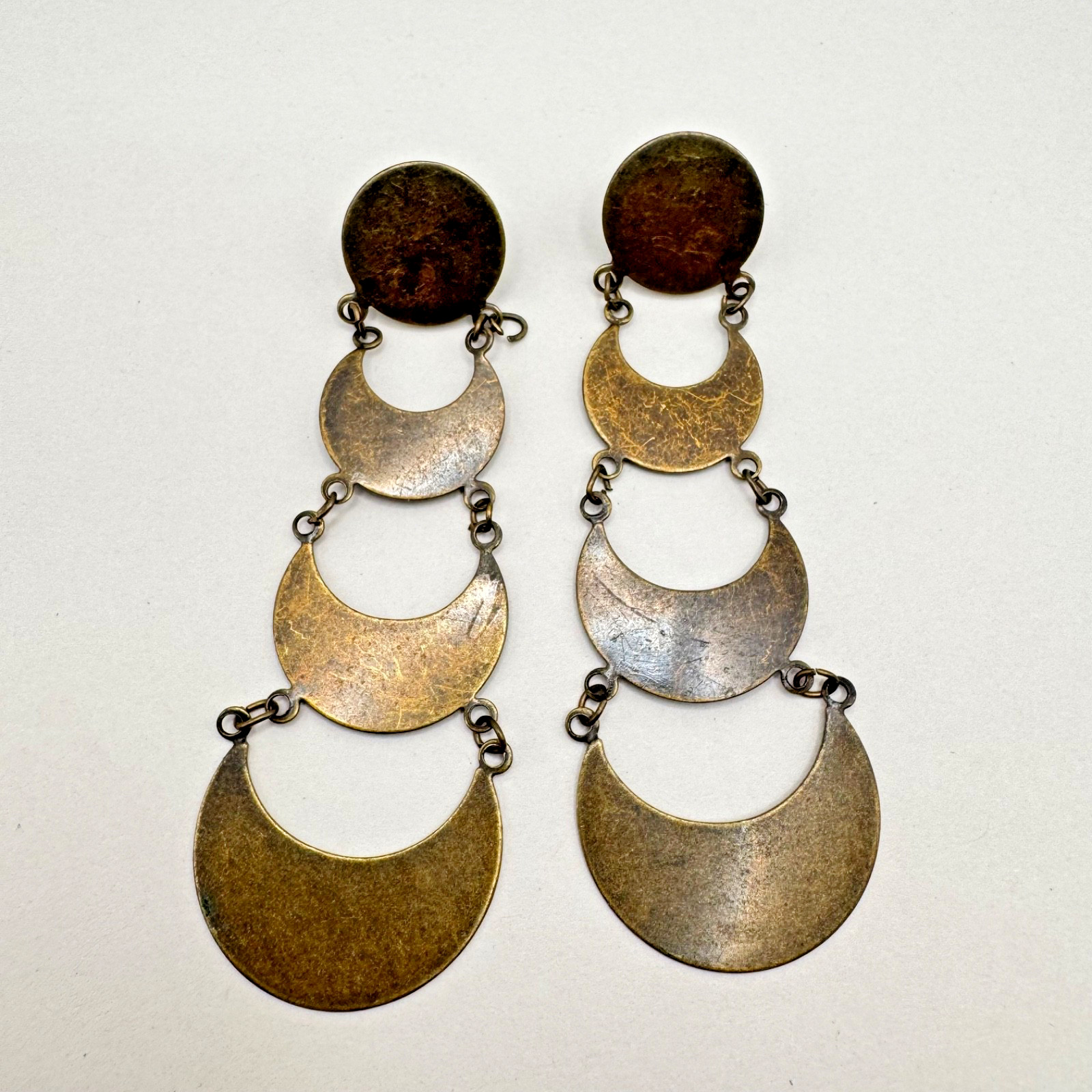 Vintage Brass Geometric Dangle Pierced Earrings Boho Mod Statement Tiered Disc