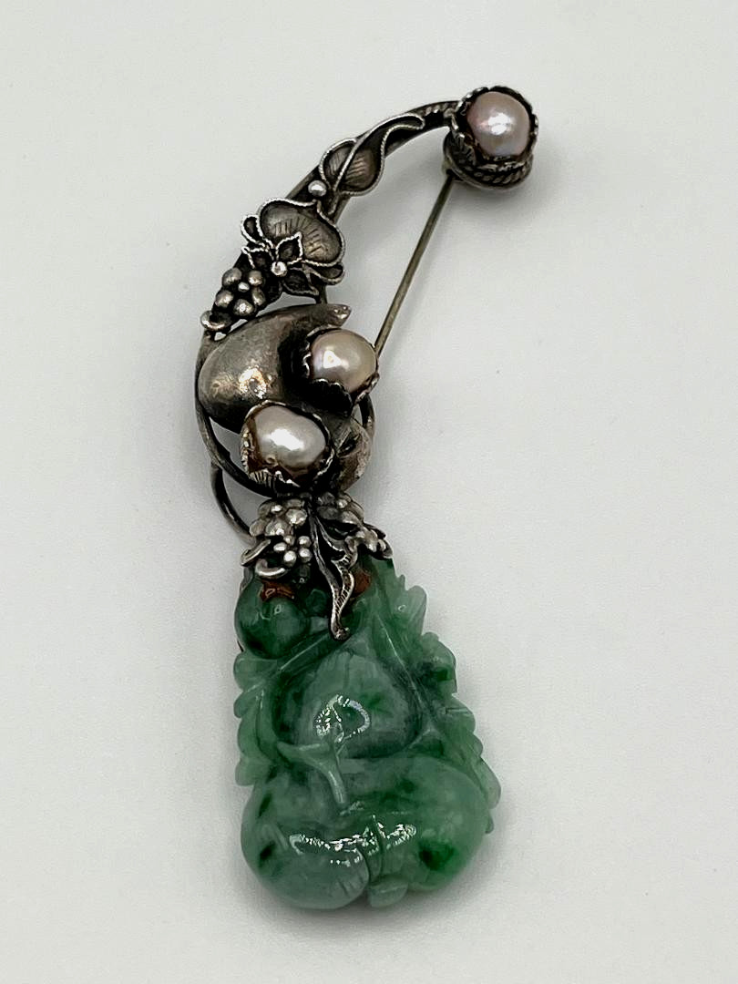 Estate Vtg Chinese Export Carved Green Jadeite Jade 925 Sterling Silver Brooch