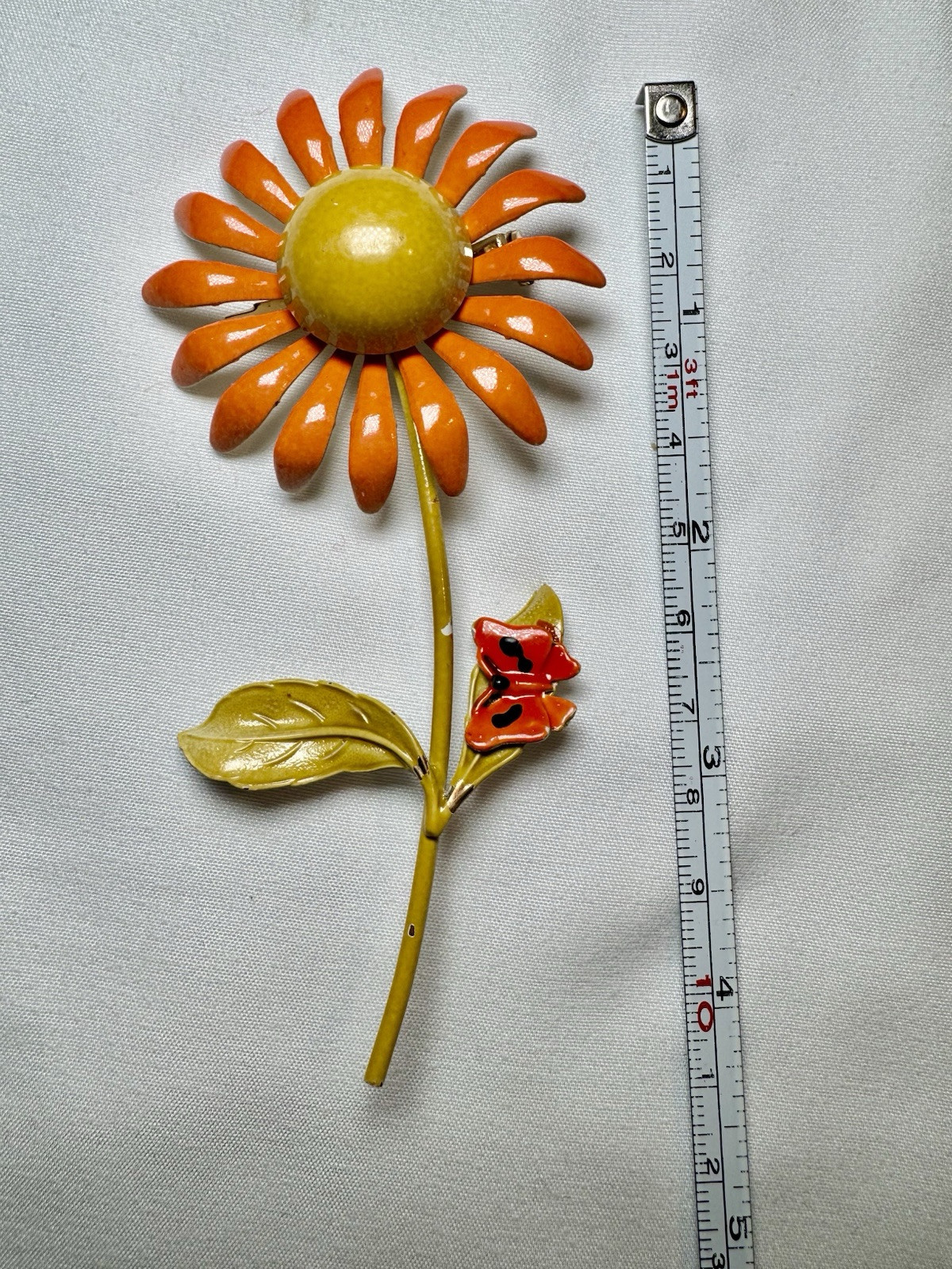Vintage Orange Yellow Metal Enamel Daisy Flower Floral Brooch Pin 4.25” Spring