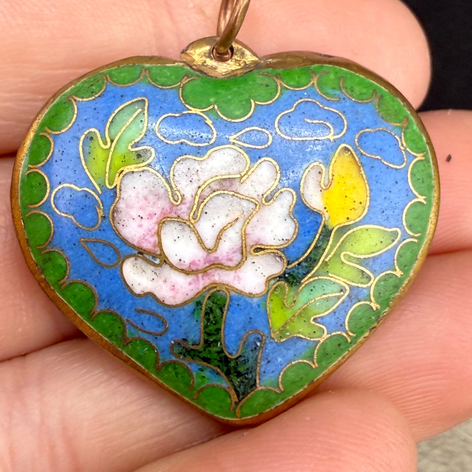 Vintage Cloissone Heart Pendant Gold Tone Enamel Puff Heart Reversible