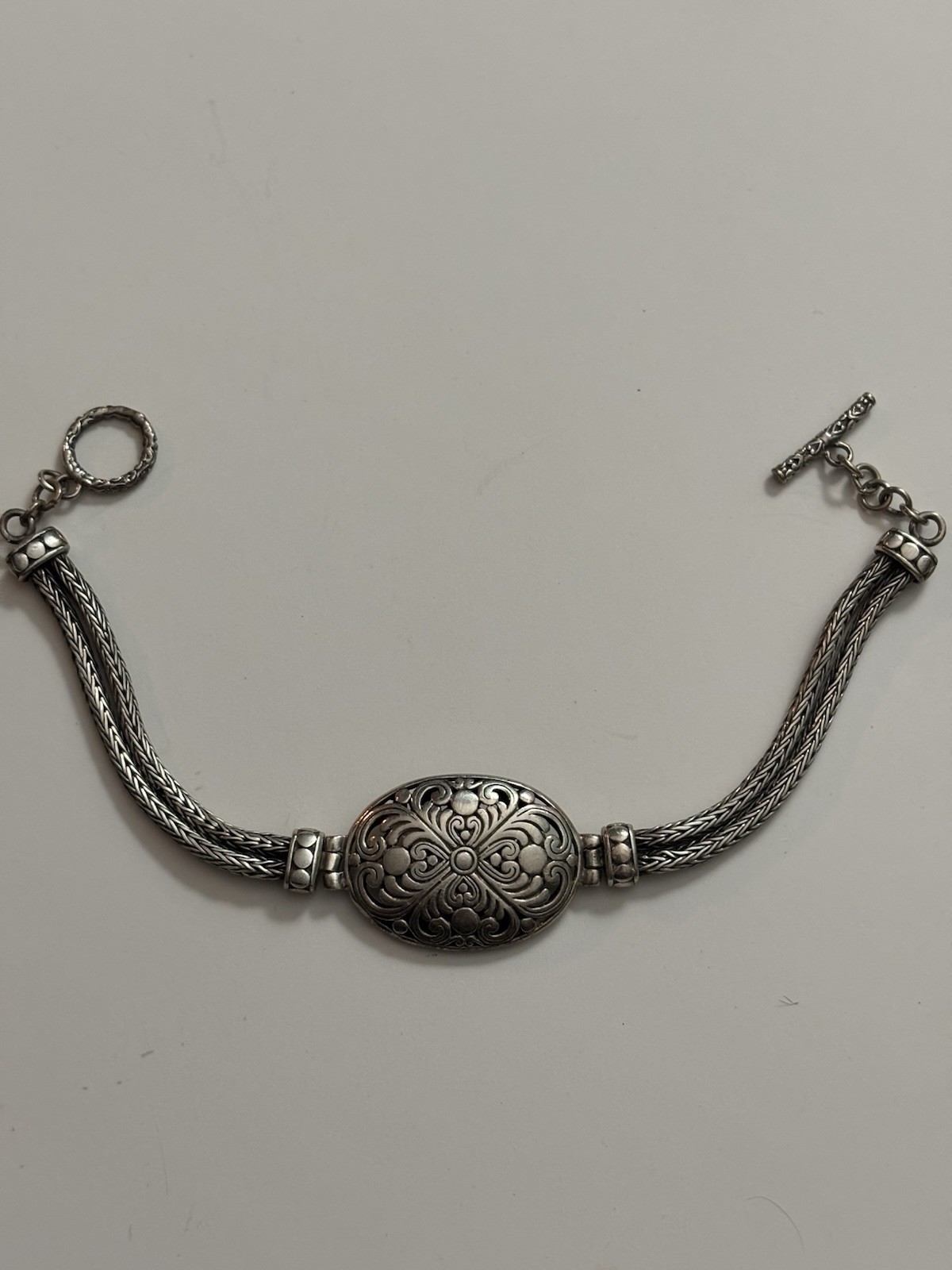 Vintage ATI Sterling Silver Ornate Wheat Link Toggle Bracelet 7.25-7.75 Inches