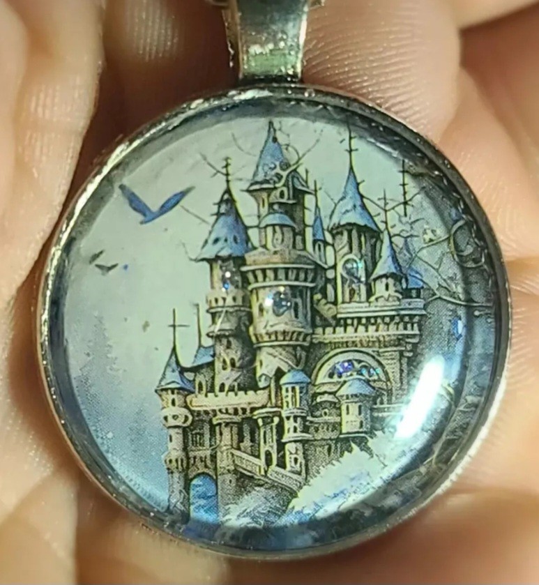 CASTLE Fantasy Scene Pendant UNIQUE Jewelry Necklace Whimsical Birds